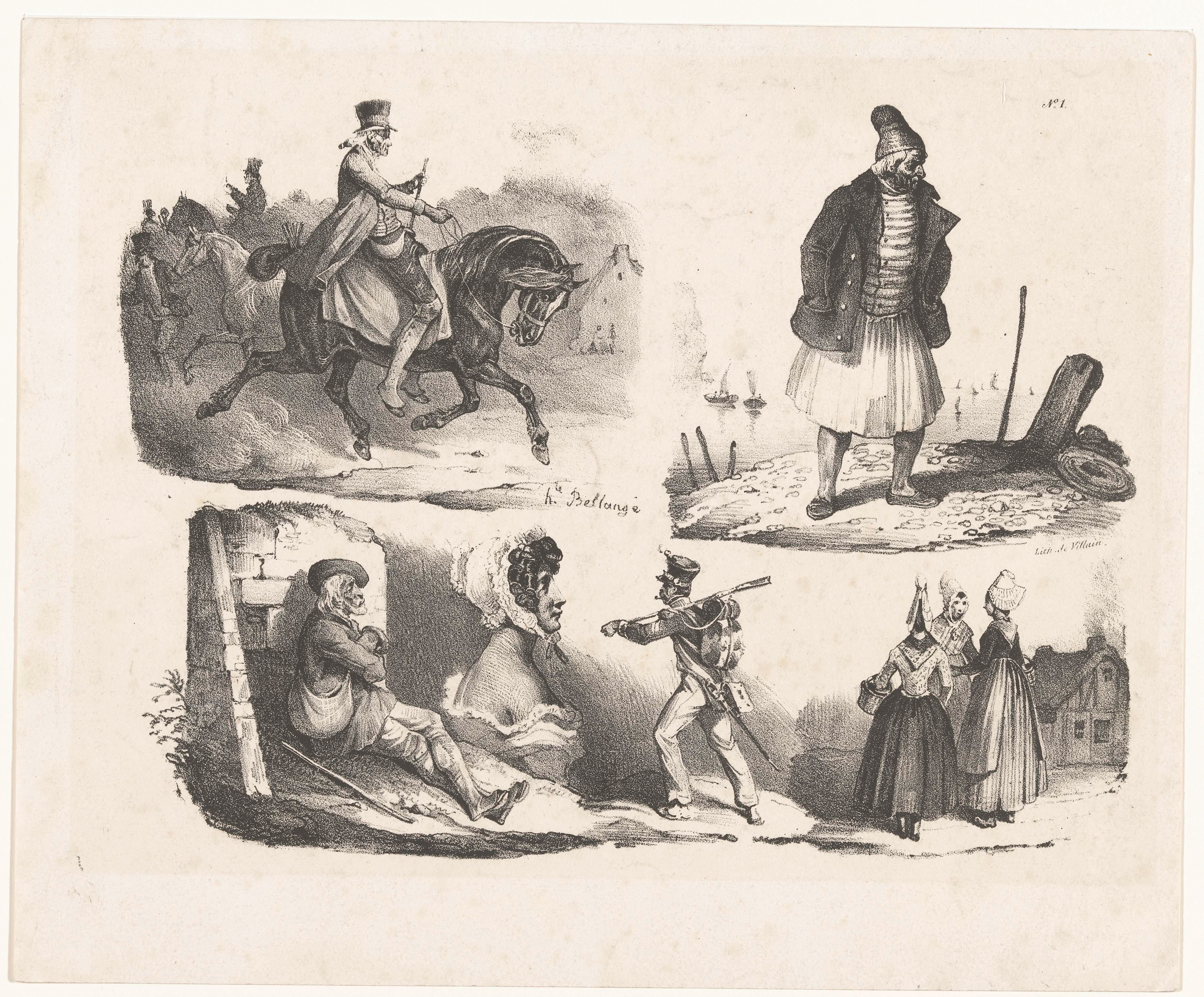 Zes voorstellingen van diverse figuren