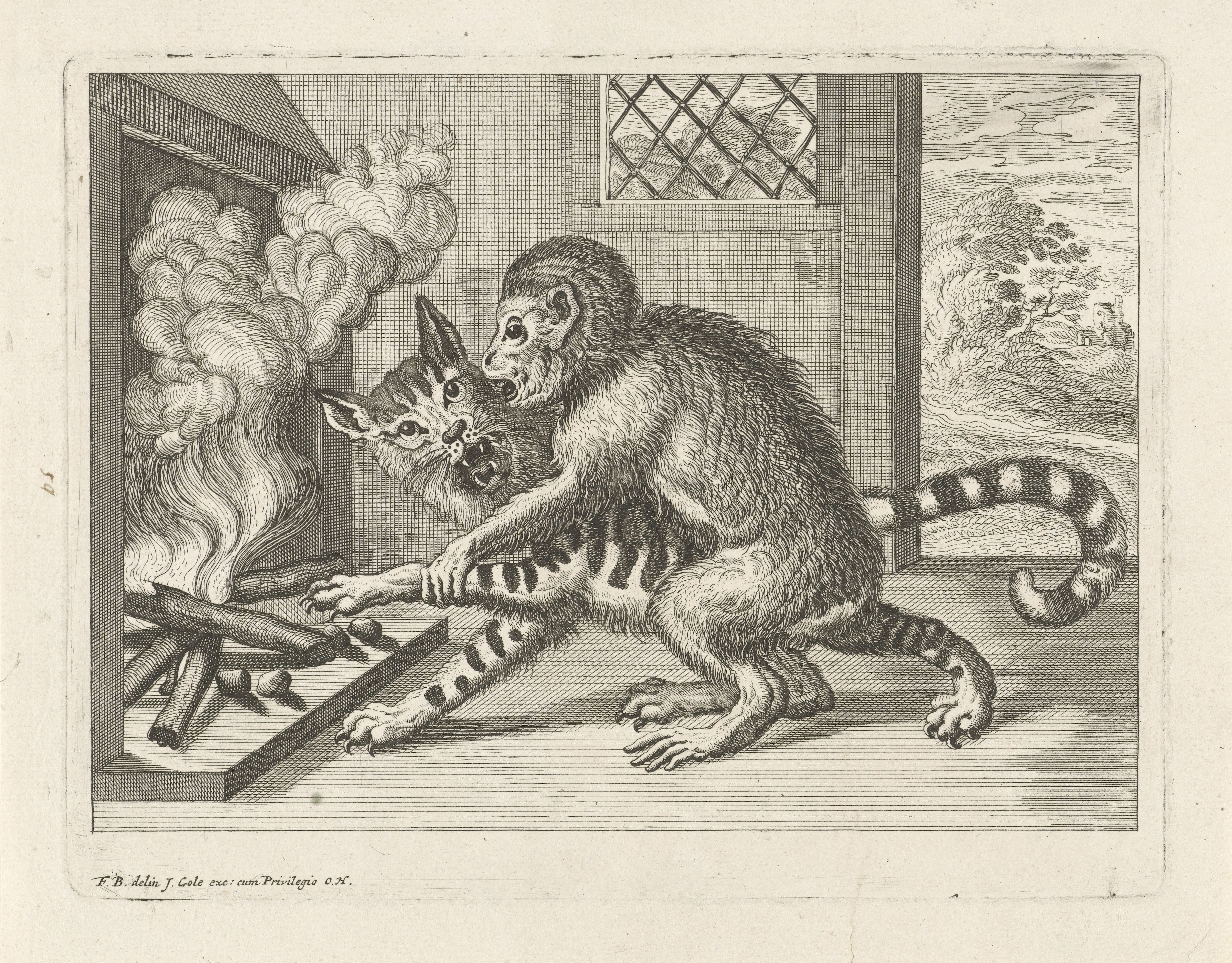 Aap dwingt een kat de kastanjes uit het vuur te halen