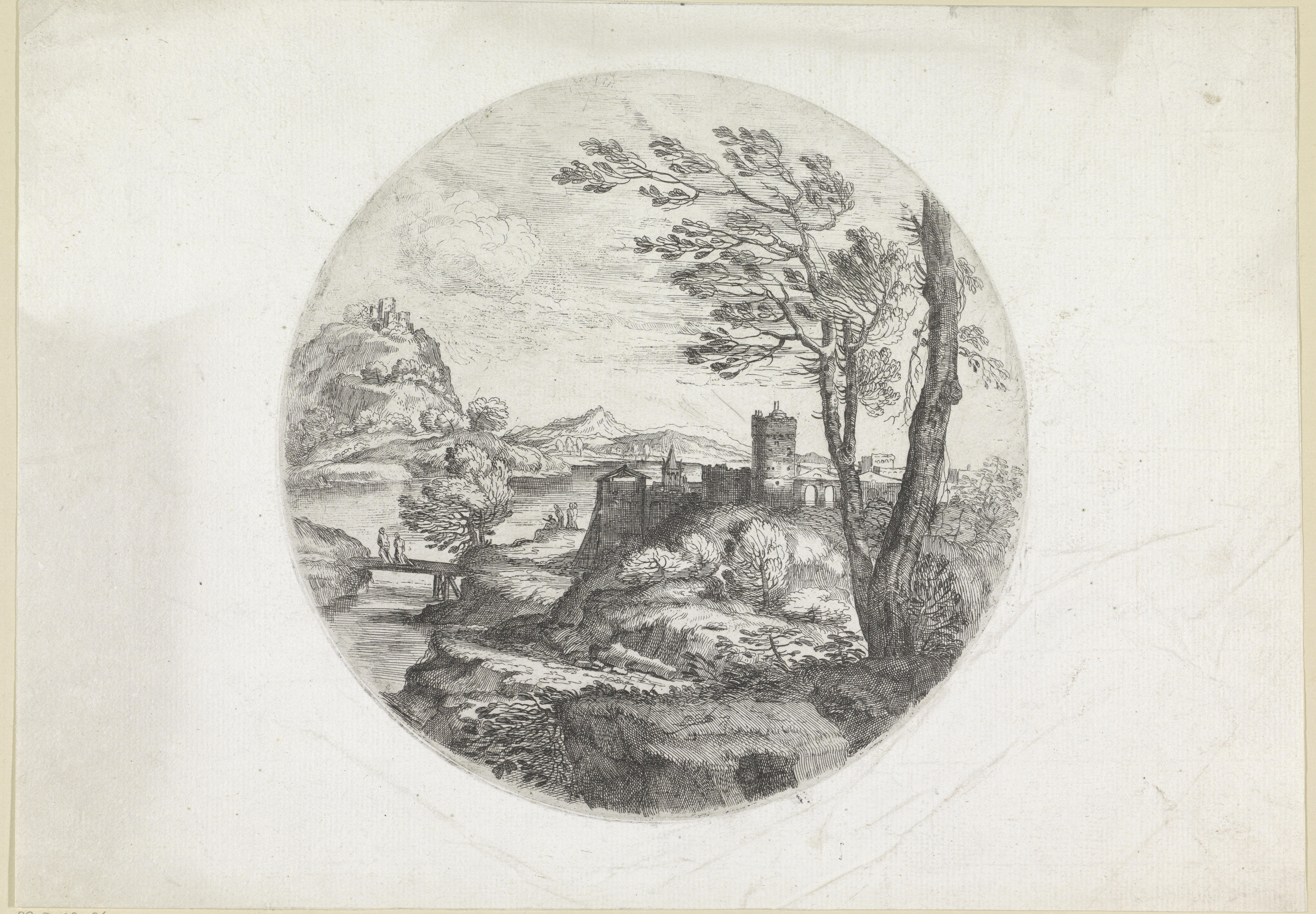Landschap met twee vrouwen op een brug
