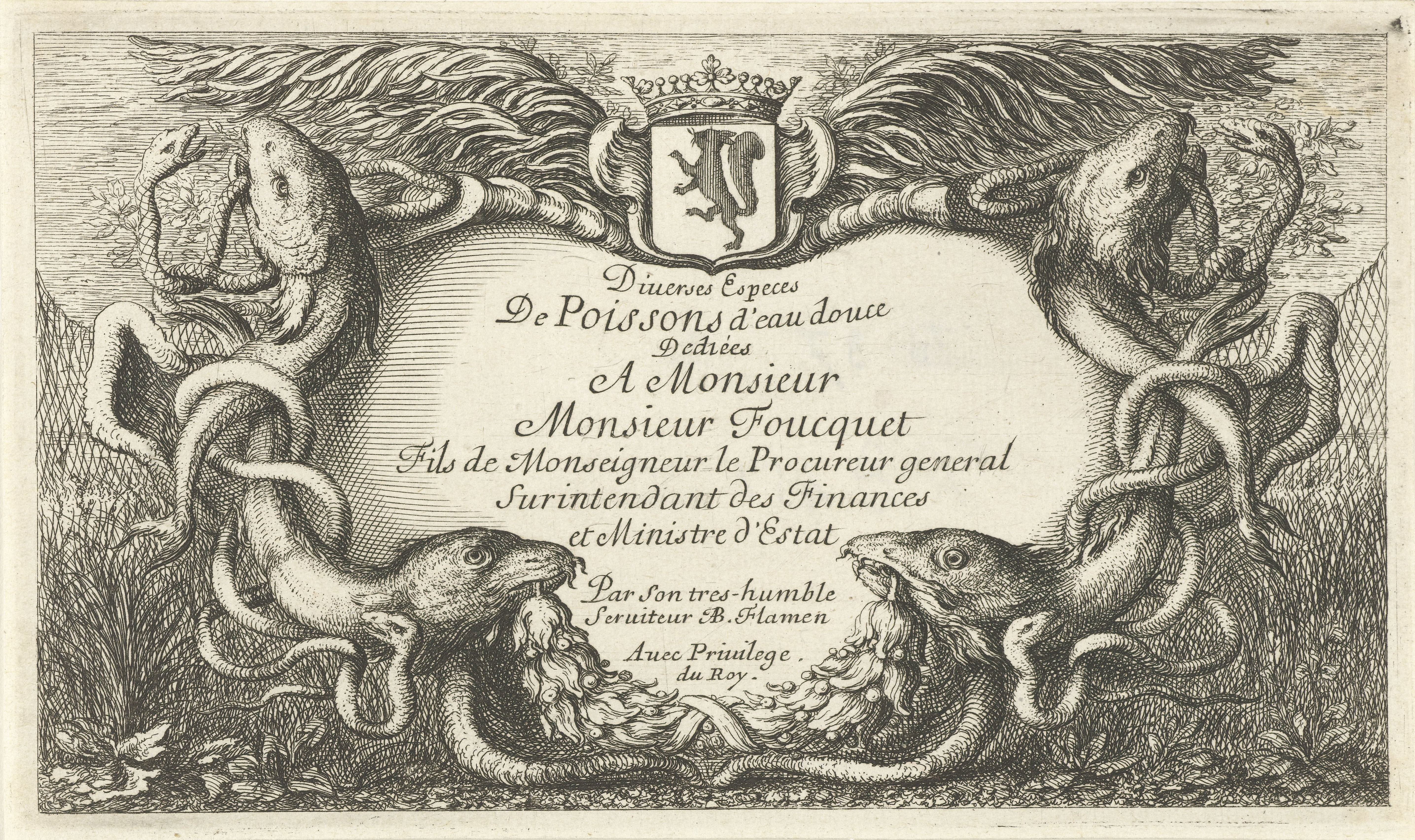 Cartouche met vissen en waterslangen