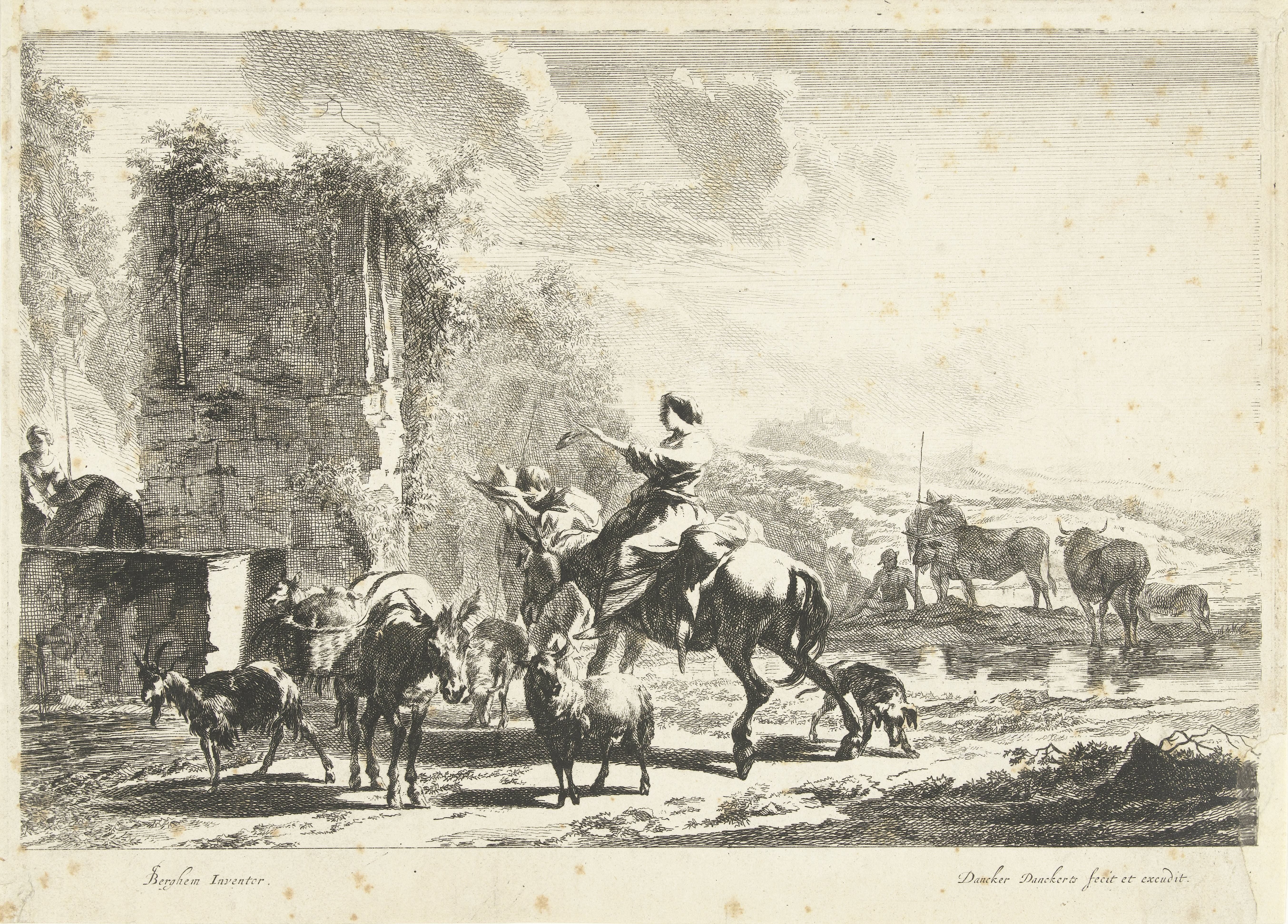 Herders met muilezels en vee bij bron in berglandschap