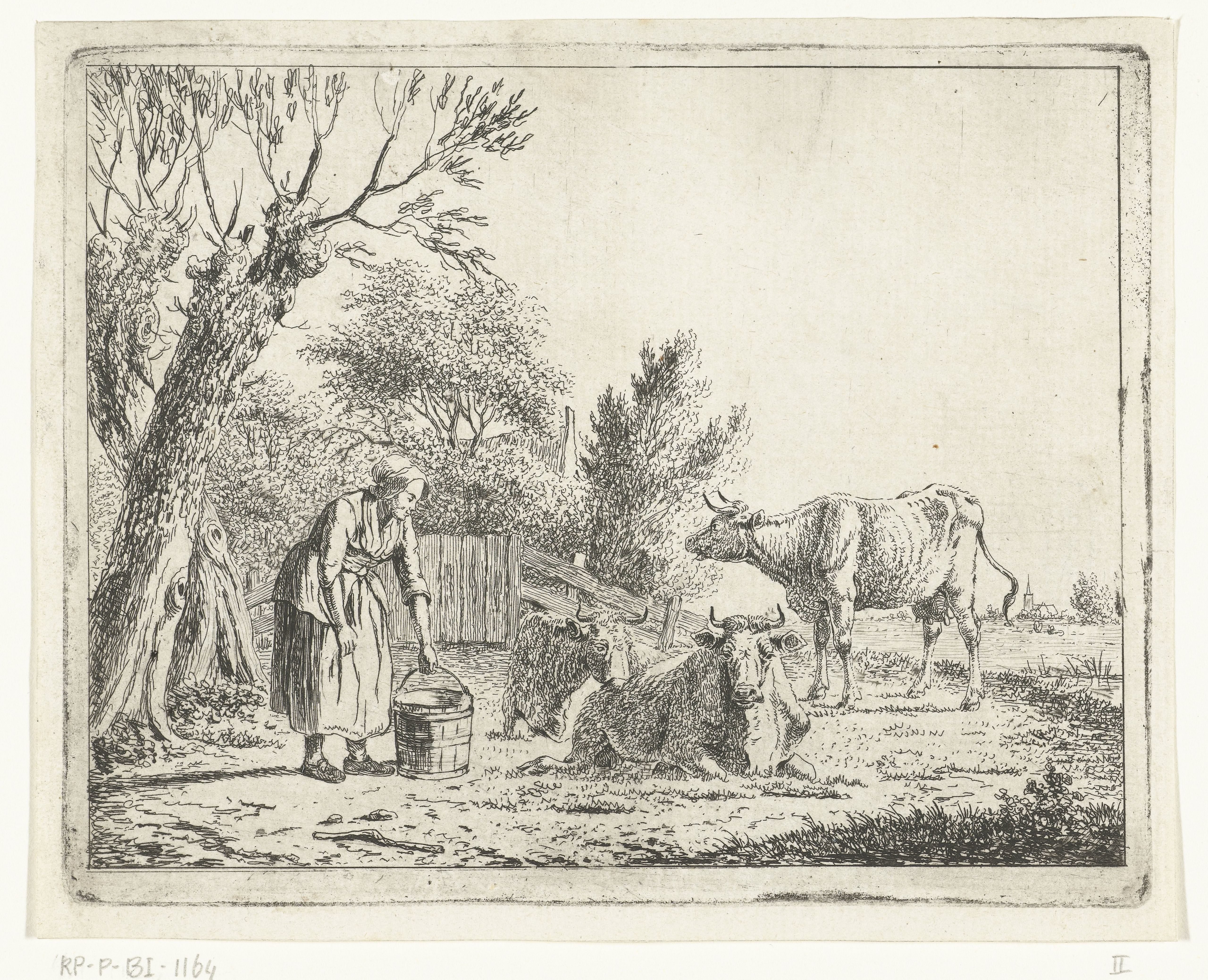Landschap met vrouw met melkemmer en drie koeien bij boerderij