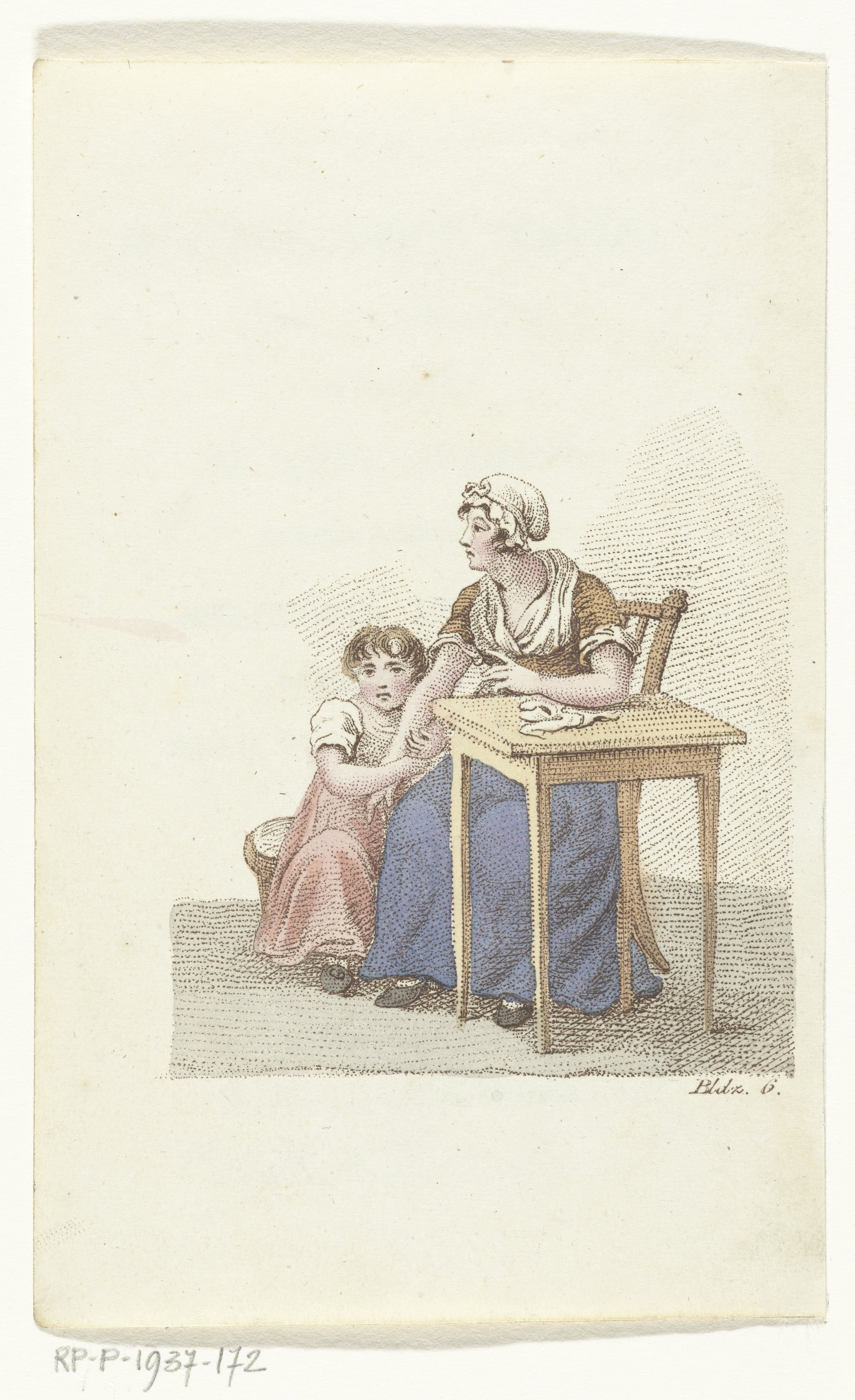 Maria en dienstmeid zitten bij tafeltje