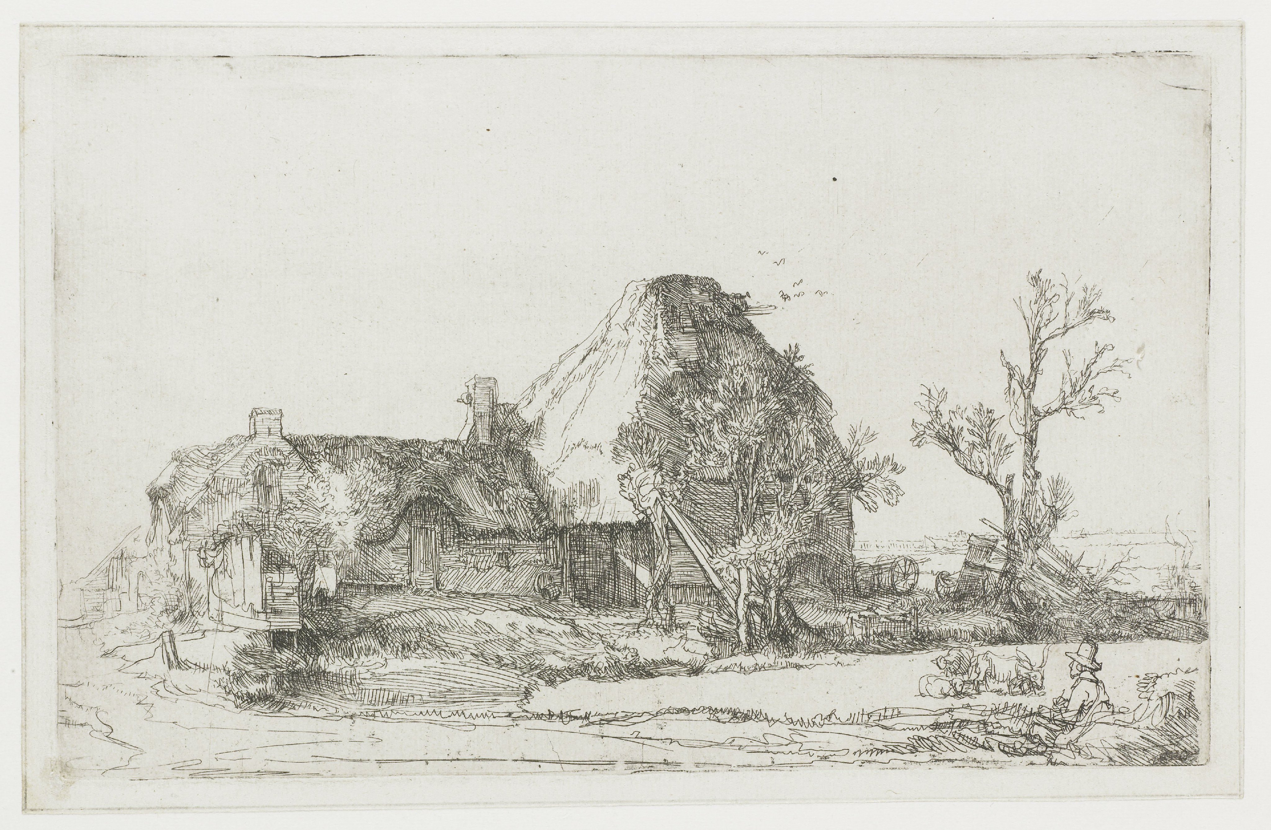 Boerderij en stallen met een tekenaar