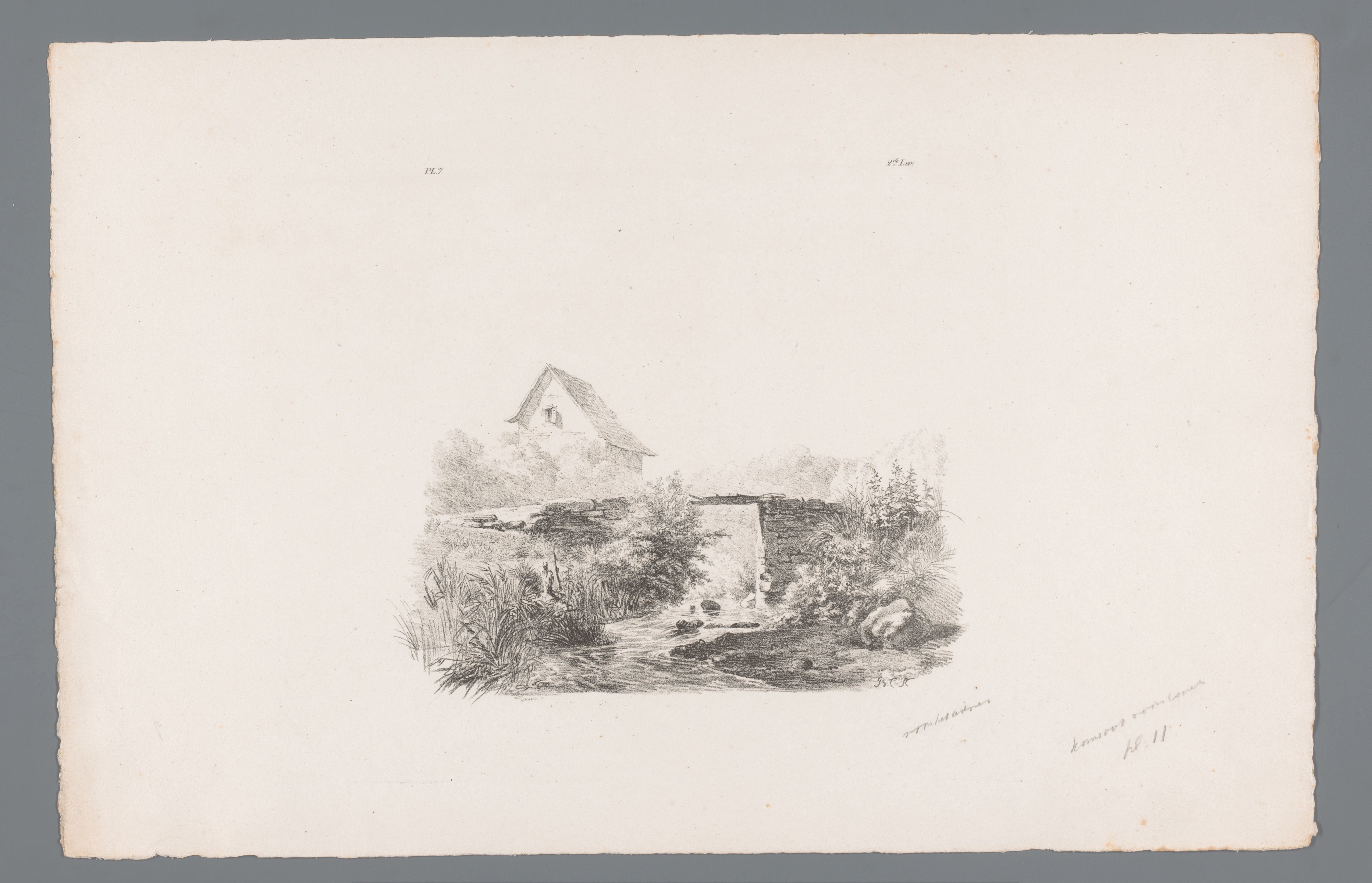 Landschap met beek en huis