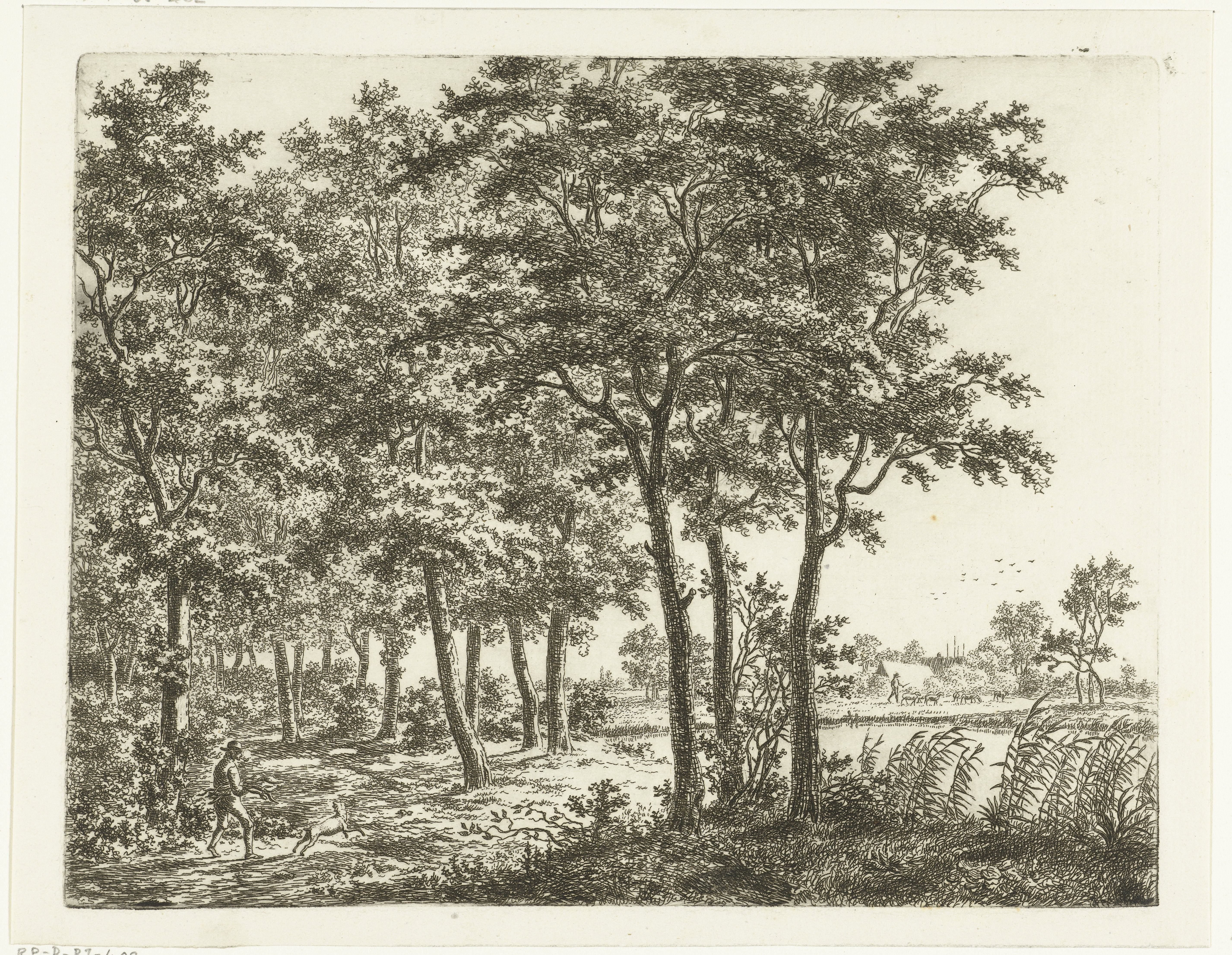 Landschap met hond en man die een takkenbos draagt