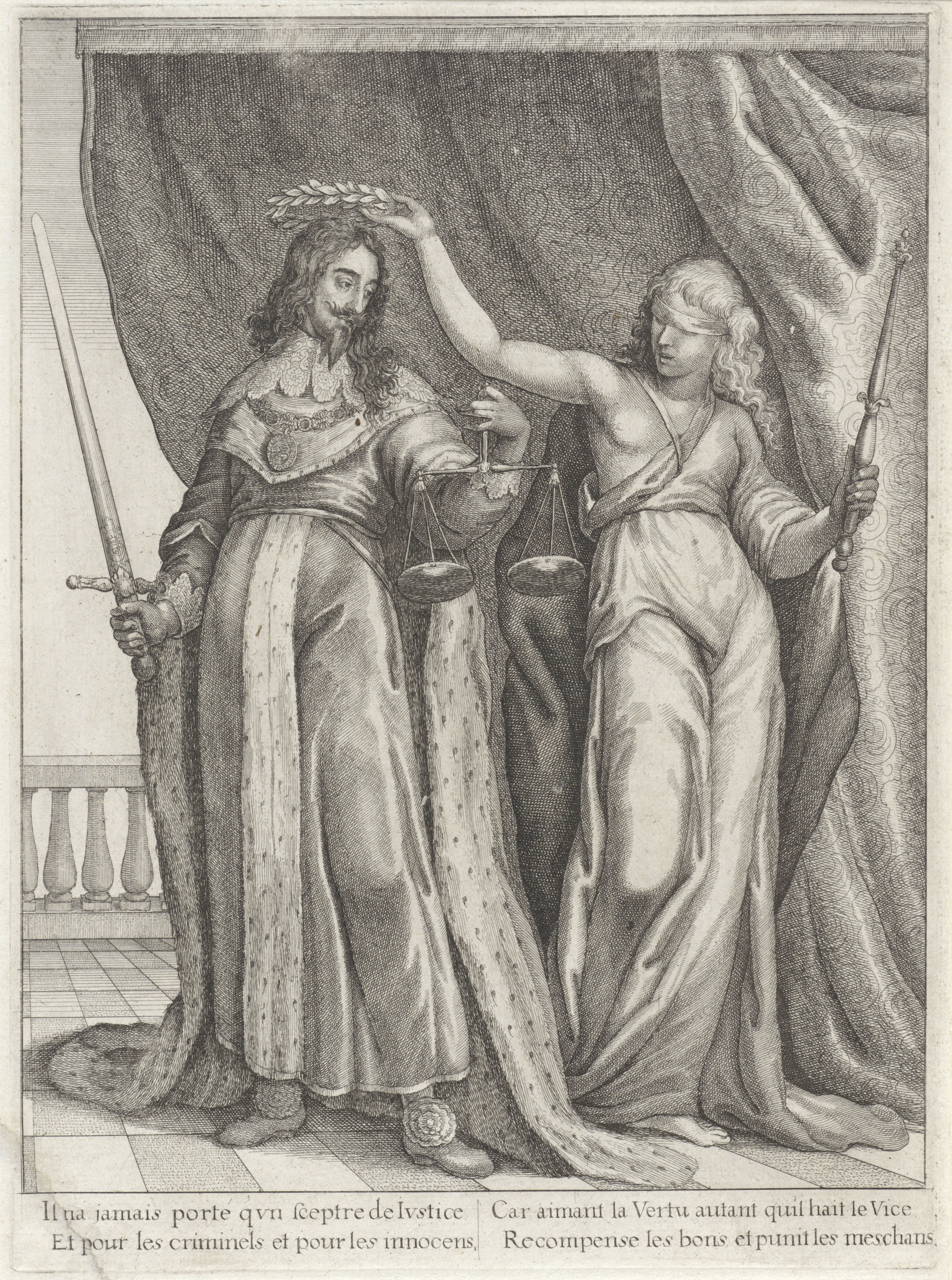 Koning Karel I van Engeland gelauwerd door Justitia