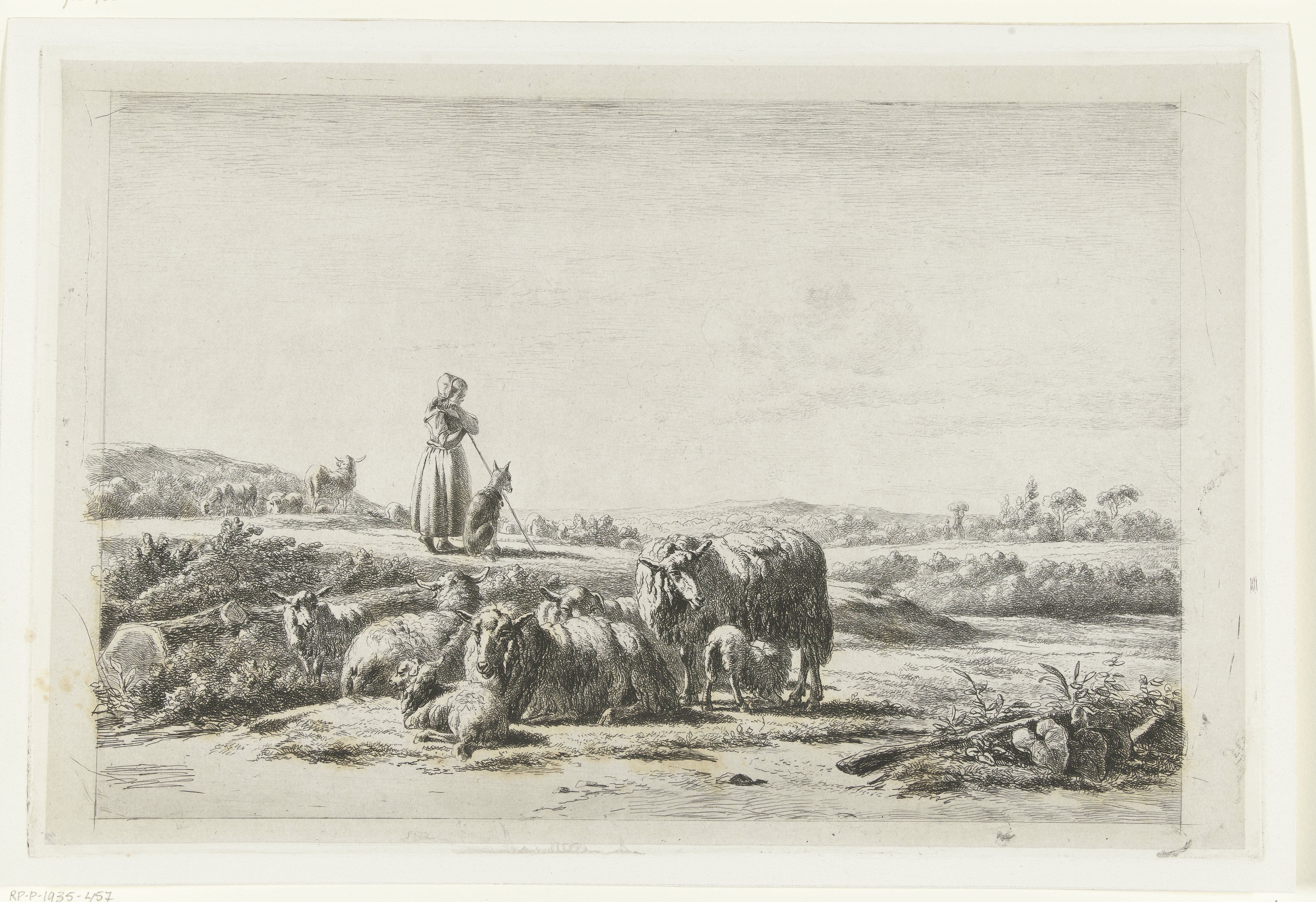 Landschap met herderin en hond bij kudde schapen