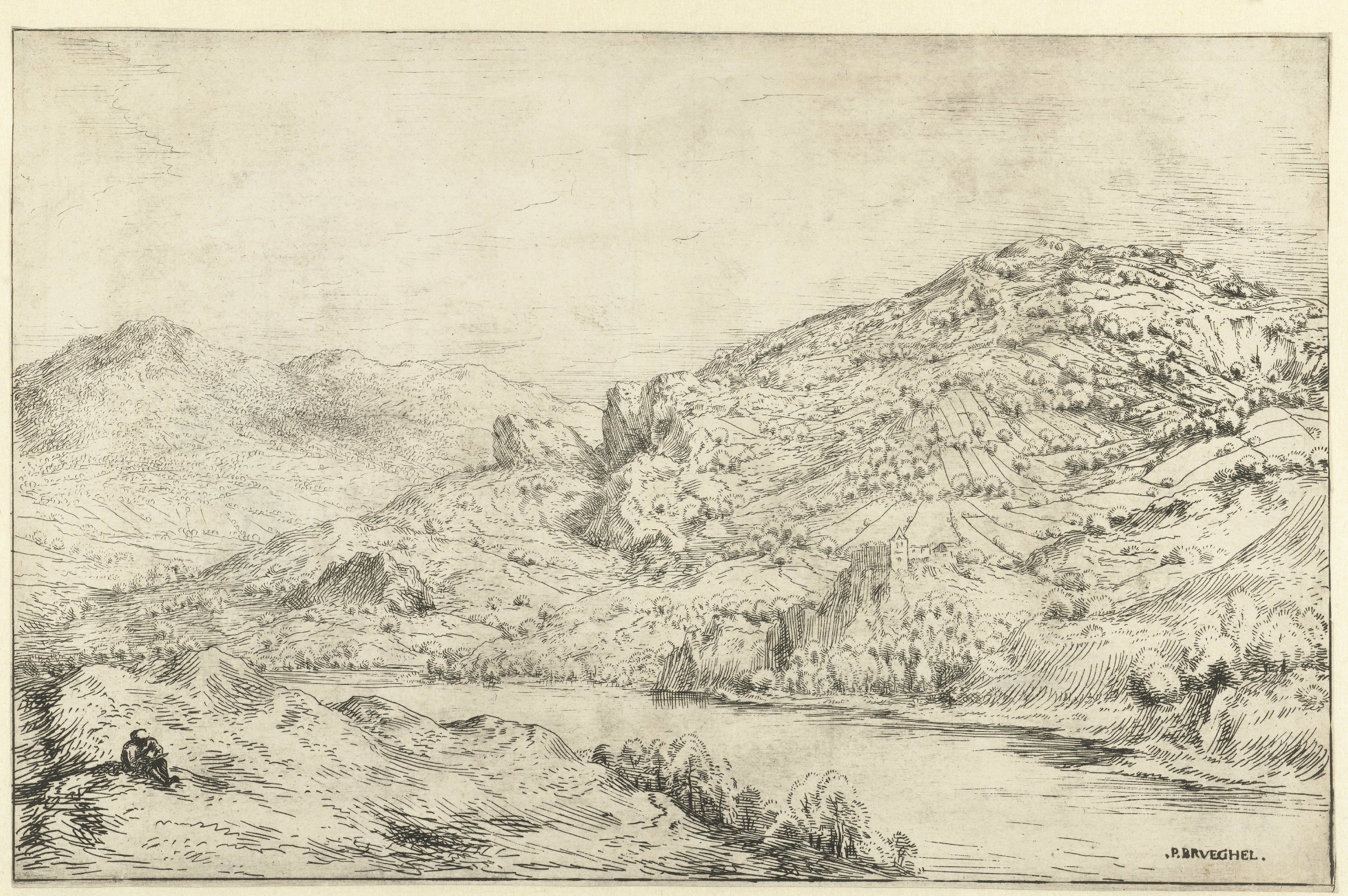 Bergachtig landschap met schilder