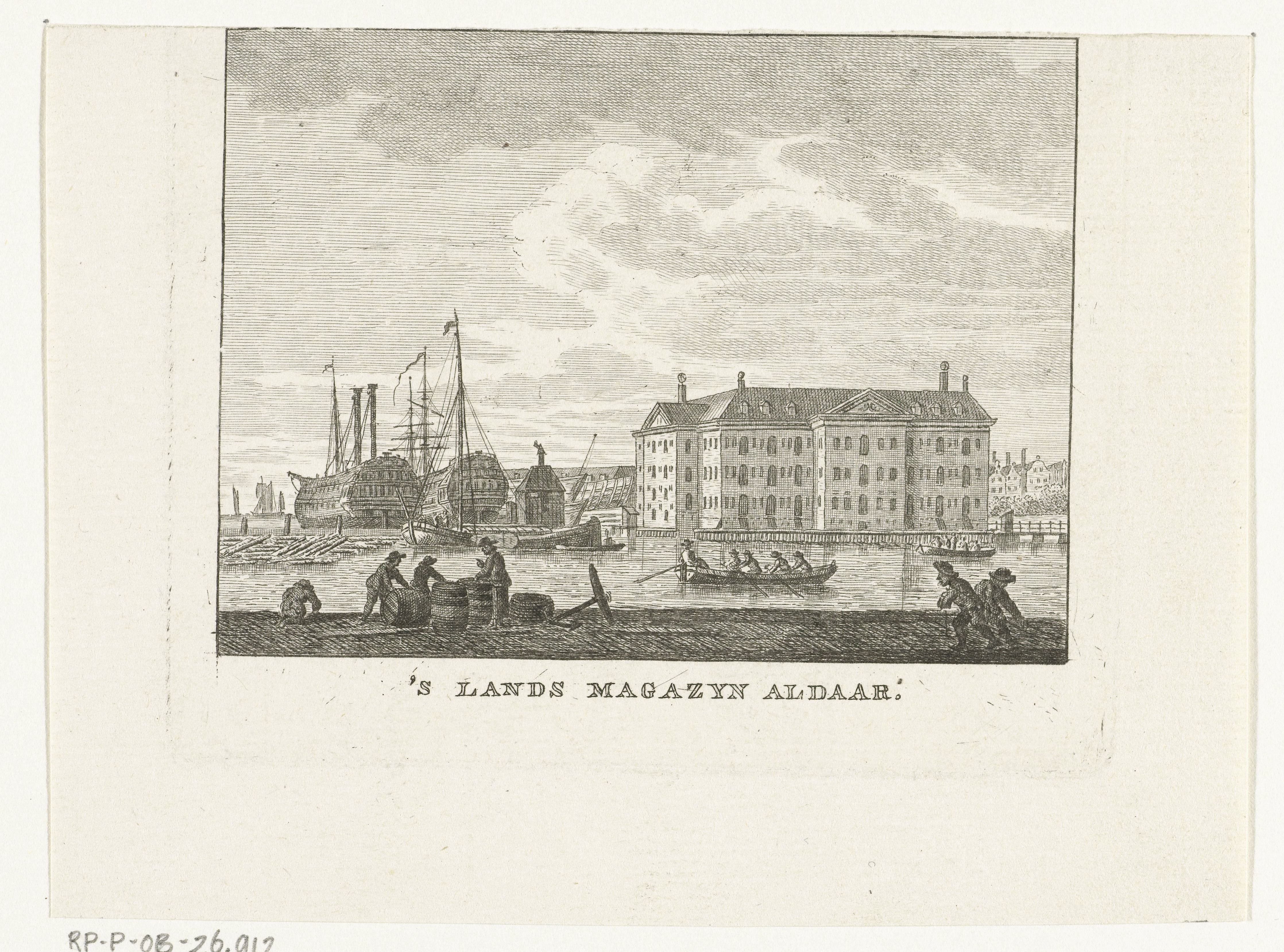 Stadsgezicht met zeemagazijn en haven met schepen te Amsterdam