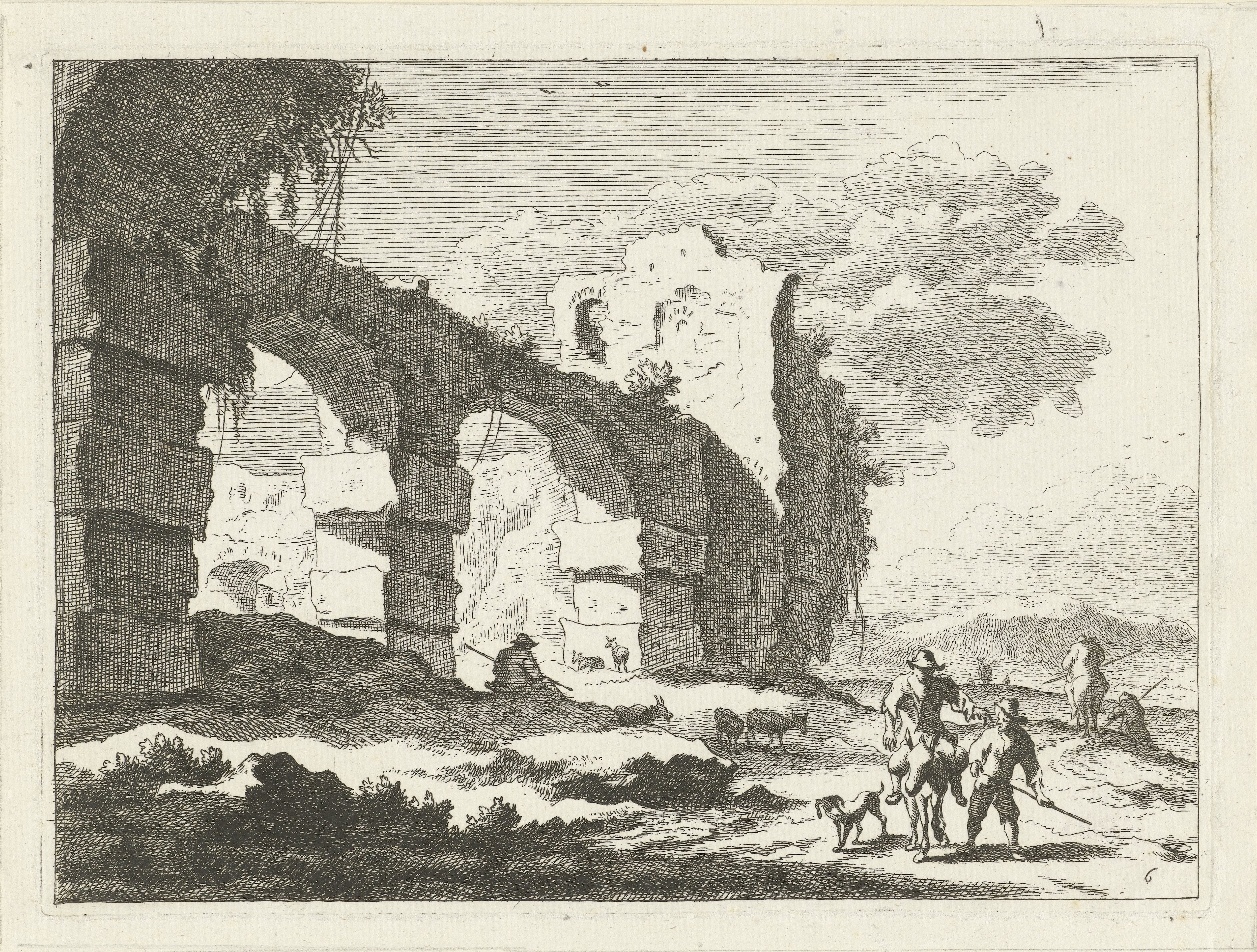 Landschap met ruïne en herder op ezel