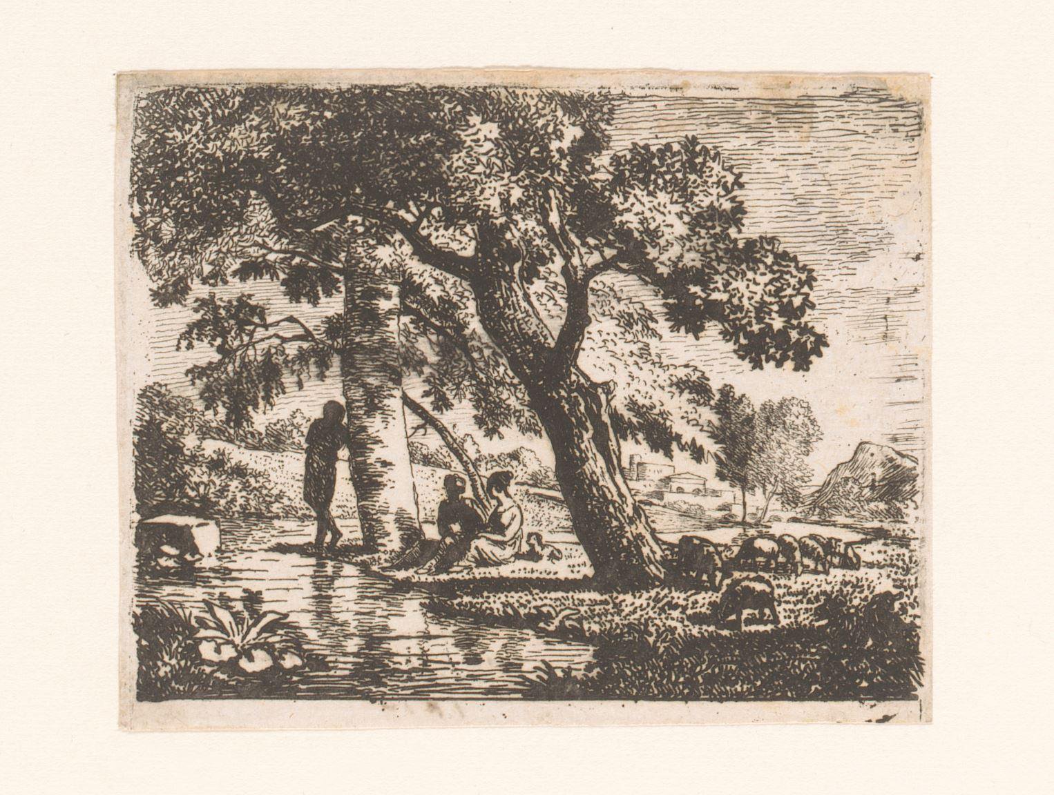 Drie figuren bij een boom aan het water