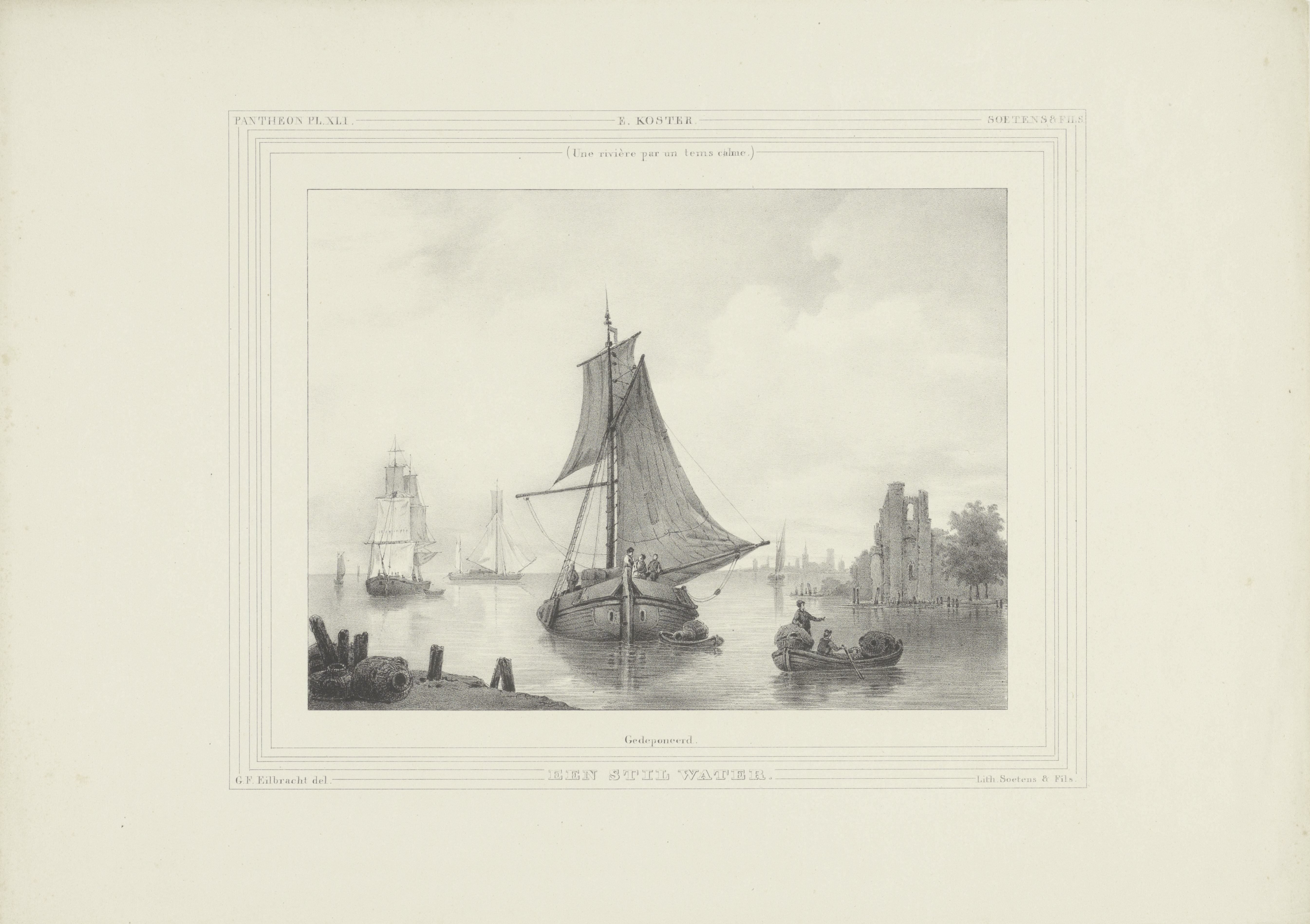 Zeilschip in een haven met ruïne