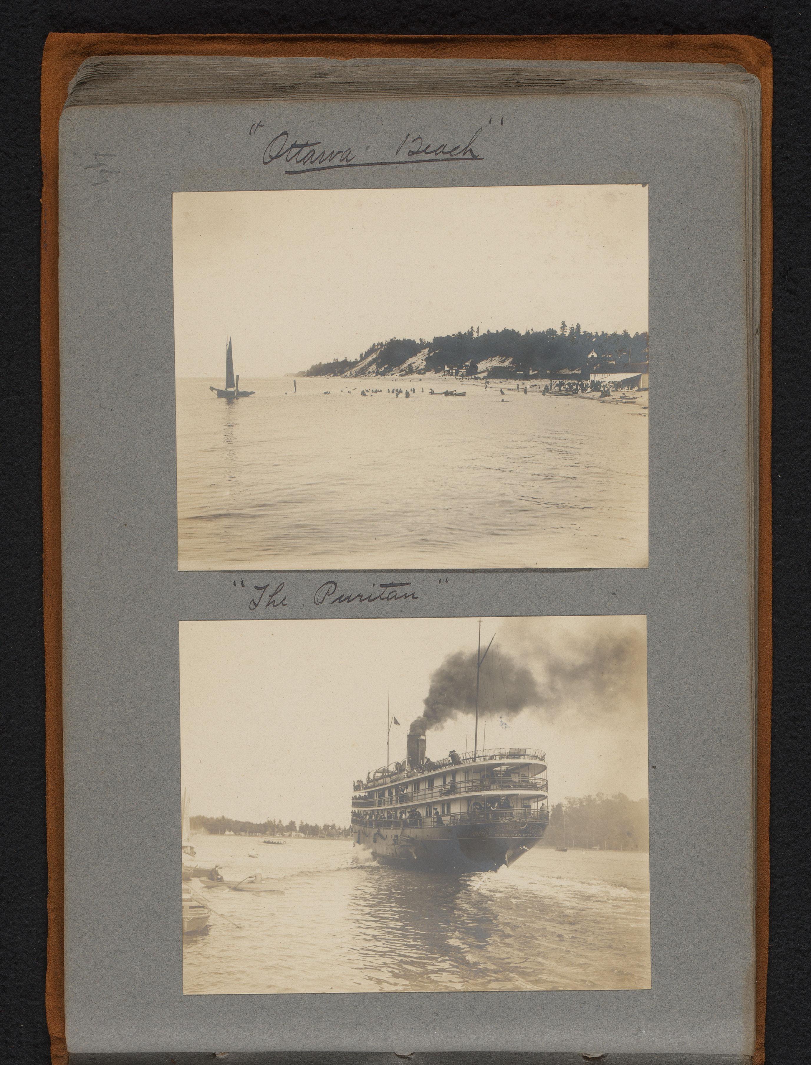 Gezicht op een meer bij Ottawa Beach en stoomschip "The Puritan" te water