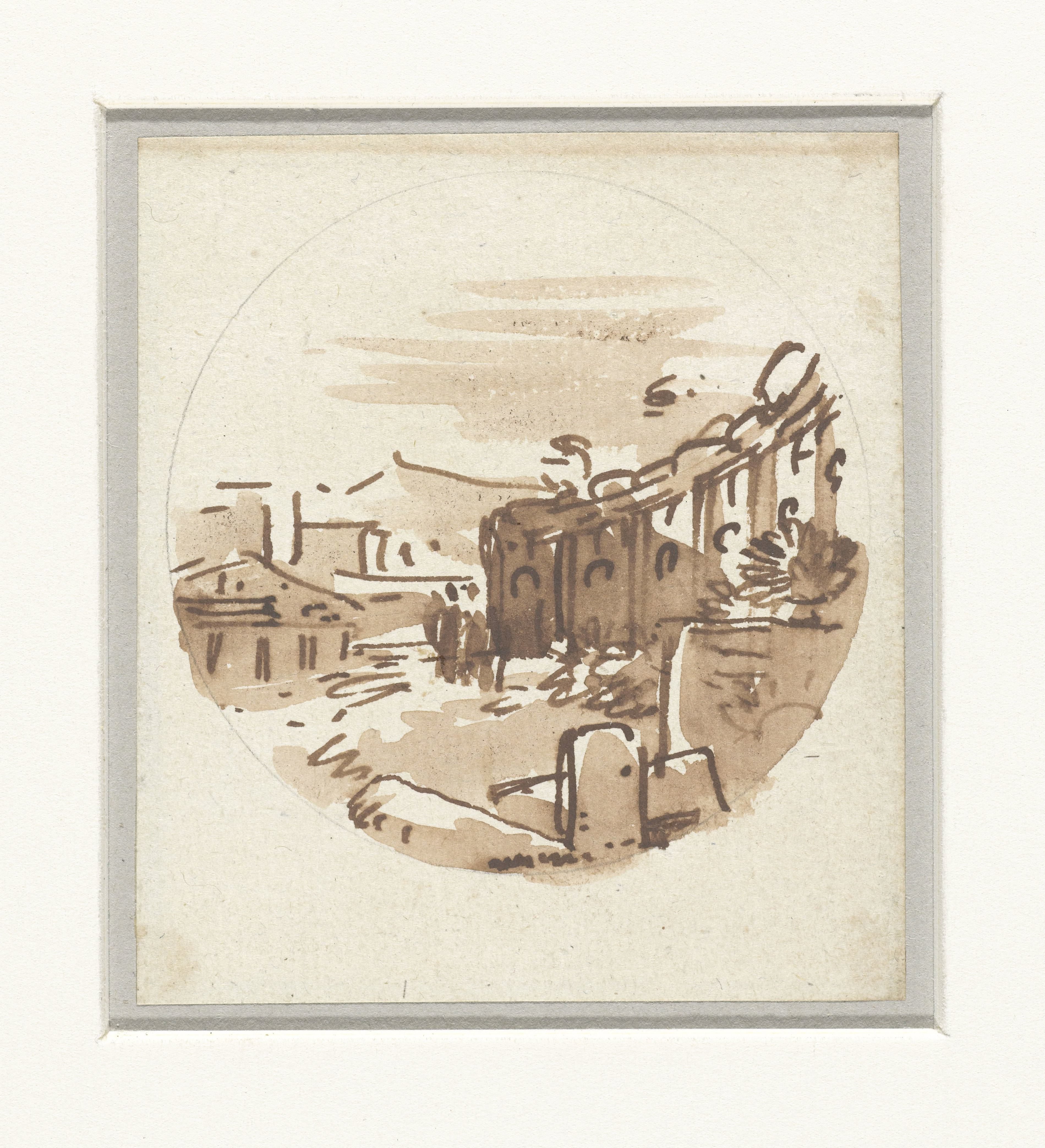 Vluchtige schets van klassieke gebouwen, een tempel en een portiek in een gebogen wand