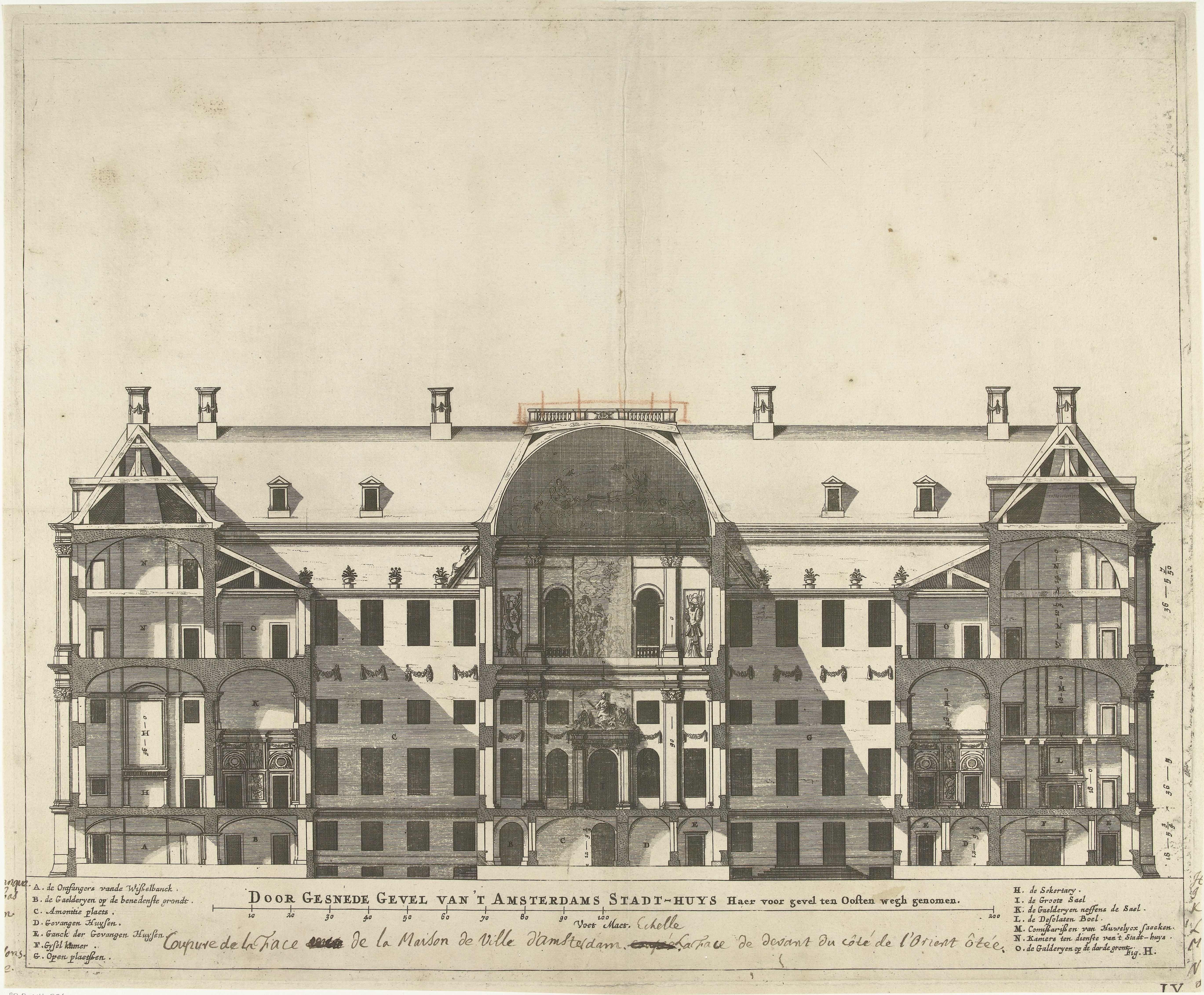 Doorsnede van het Stadhuis op de Dam, door de lengte