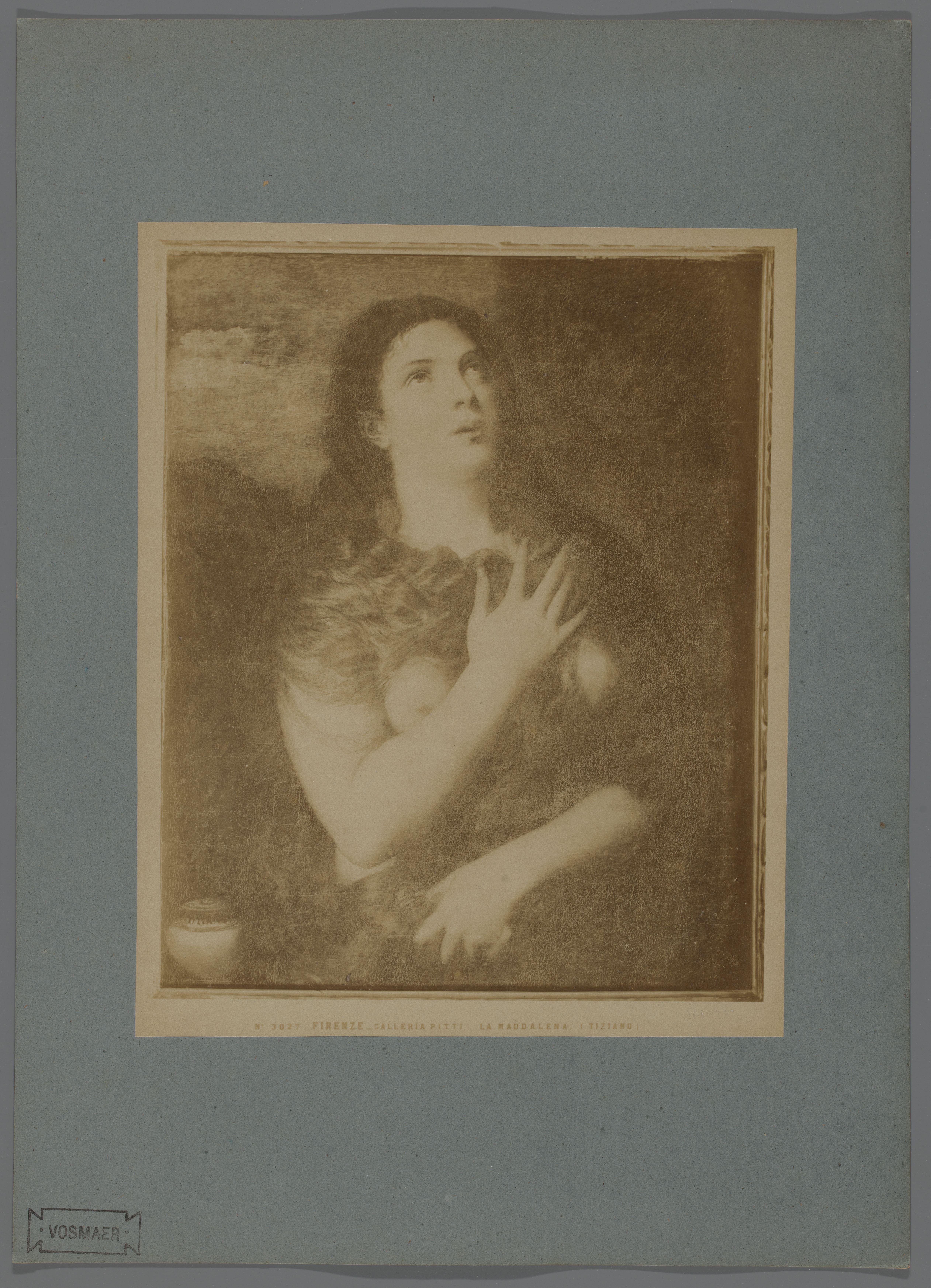 Fotoreproductie van het schilderij van de berouwvolle Magdalena naar Titiaan in de Galleria Palatina te Florence, Italië