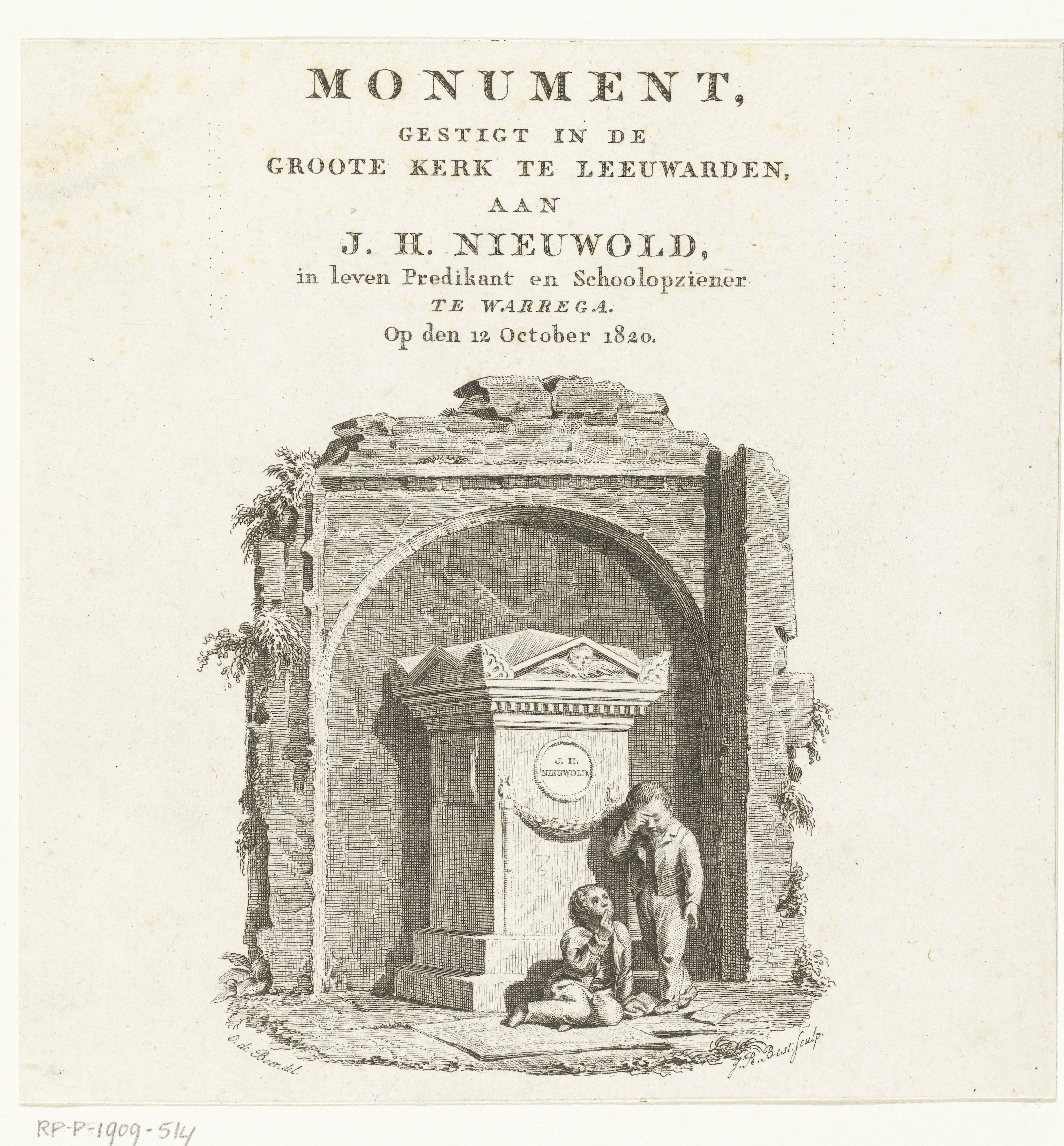 Grafmonument voor predikant J.H. Nieuwold met twee treurende jongens voor vervallen muur en titel