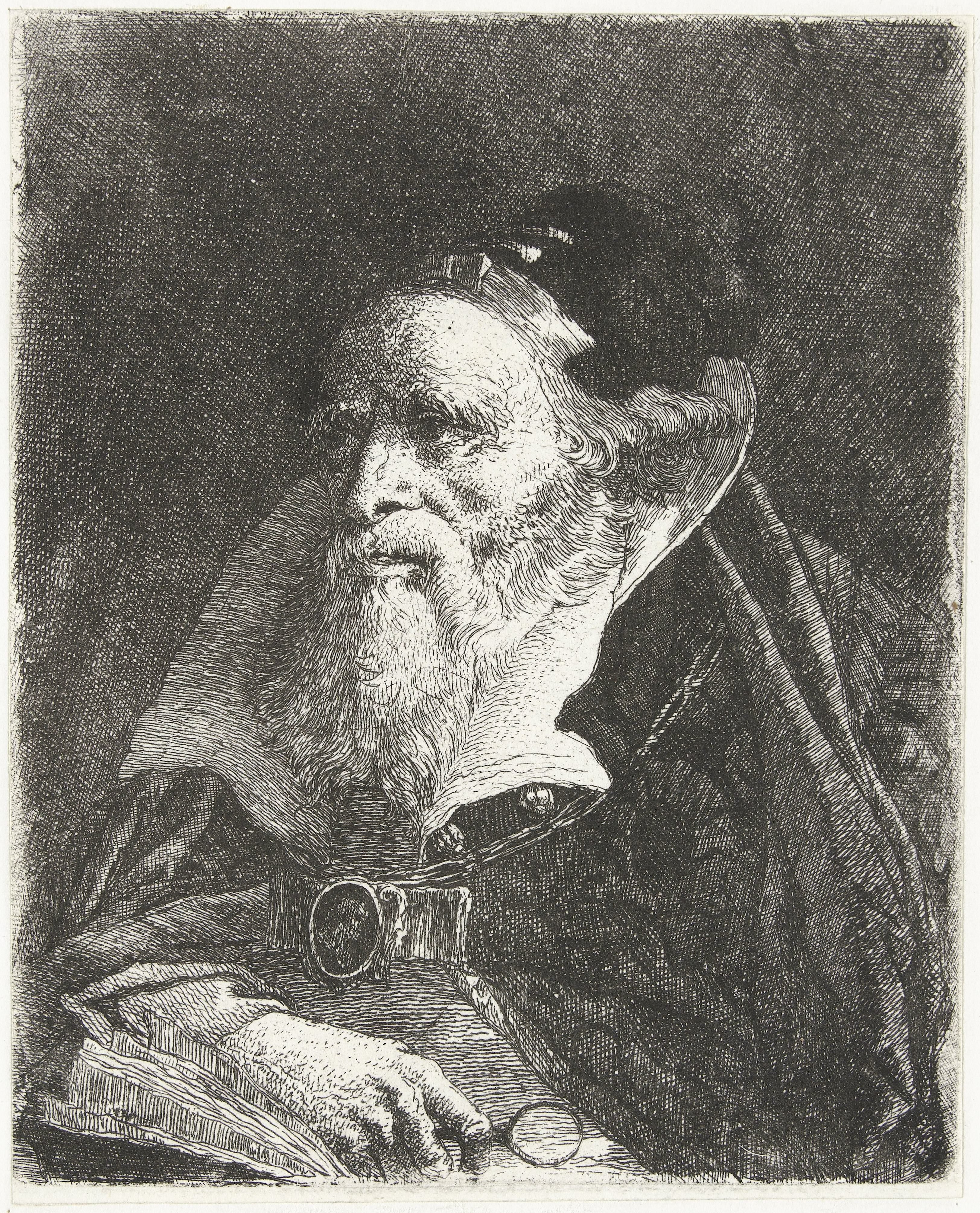 Oude man met boek en vergrootglas