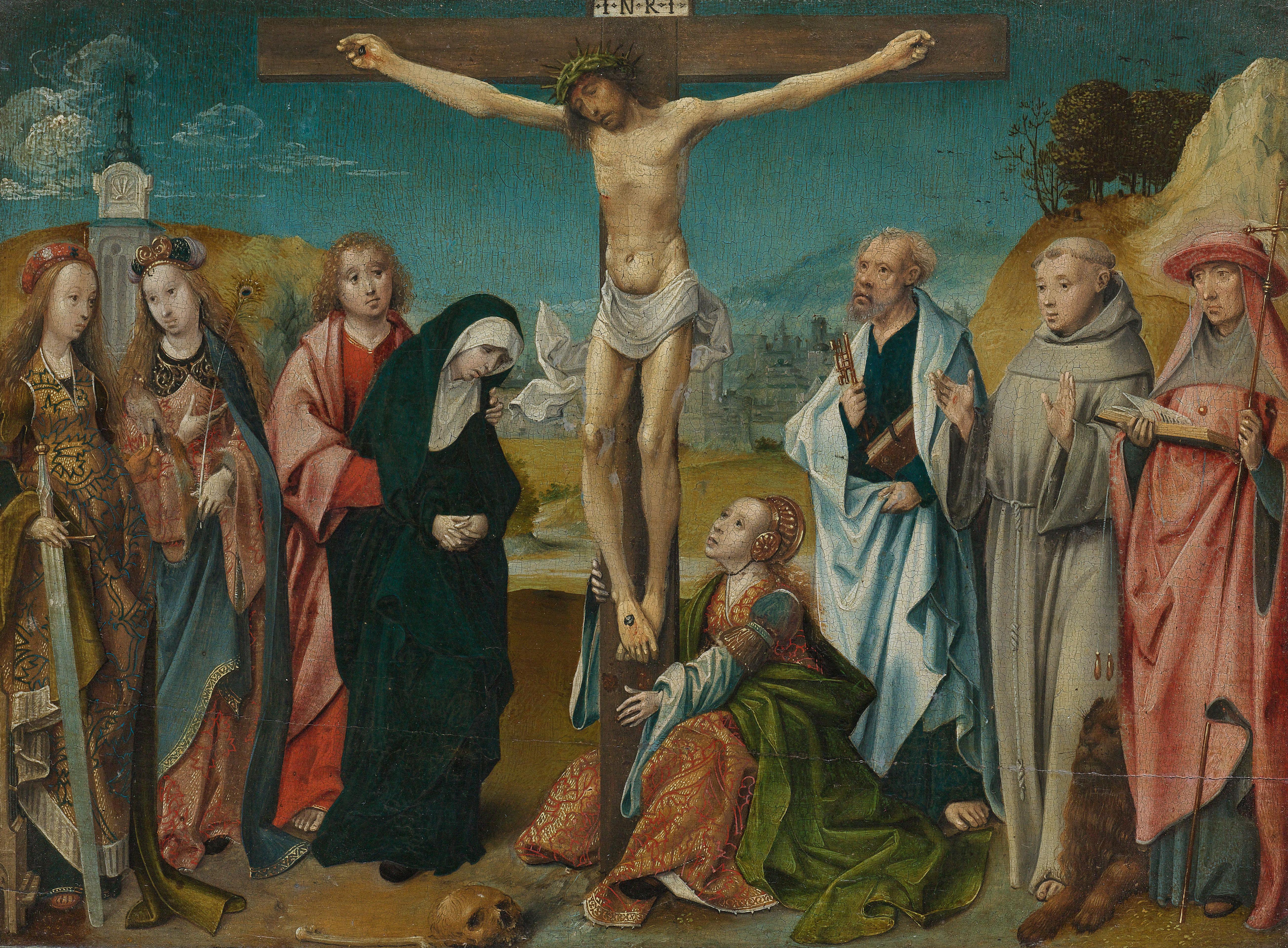 Christ on the Cross, with Mary, John, Mary Magdalene and Sts Cecilia and Barbara (left) and Peter, Francis and Jerome (right)