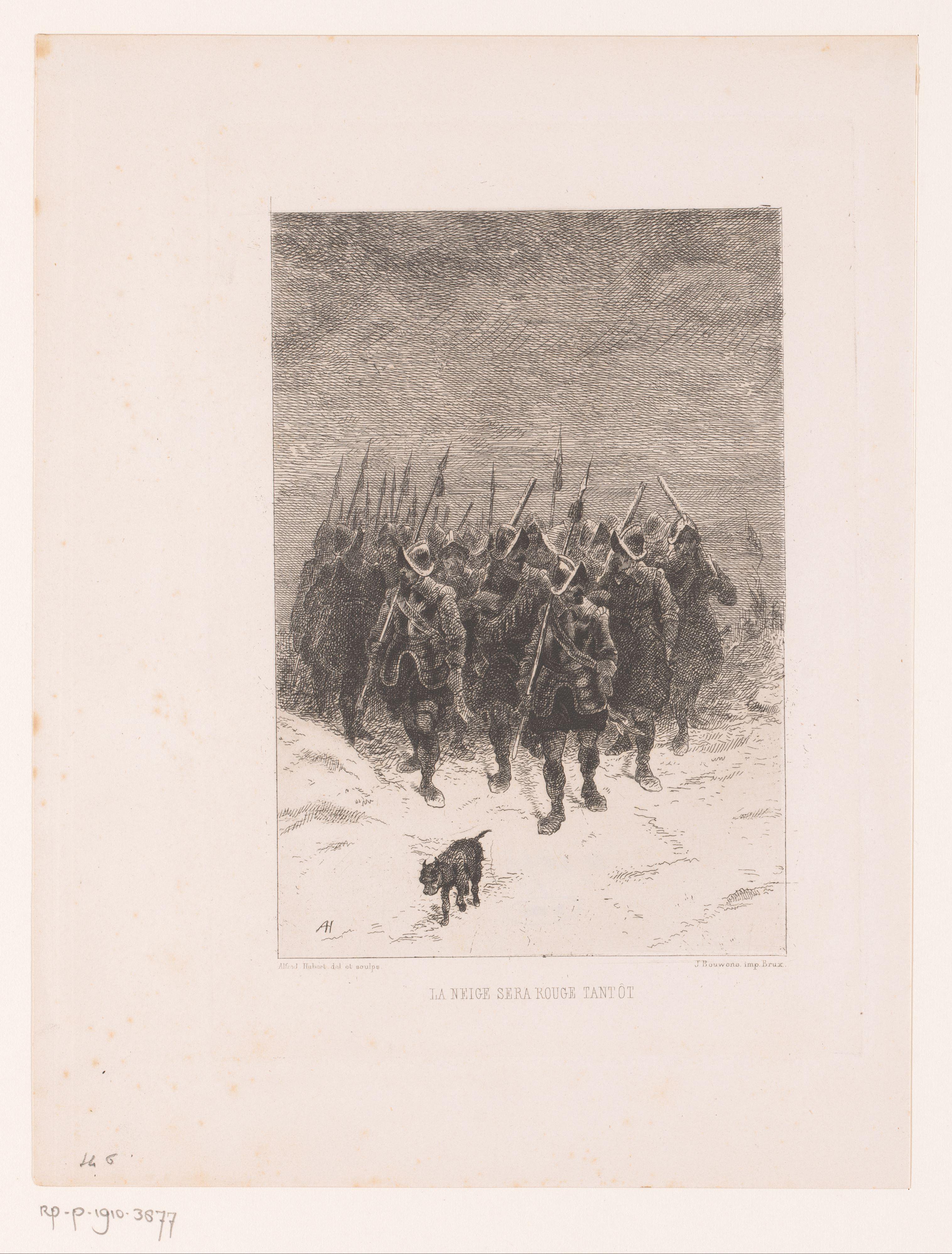 Troep soldaten, voorafgegaan door een hond, in de sneeuw