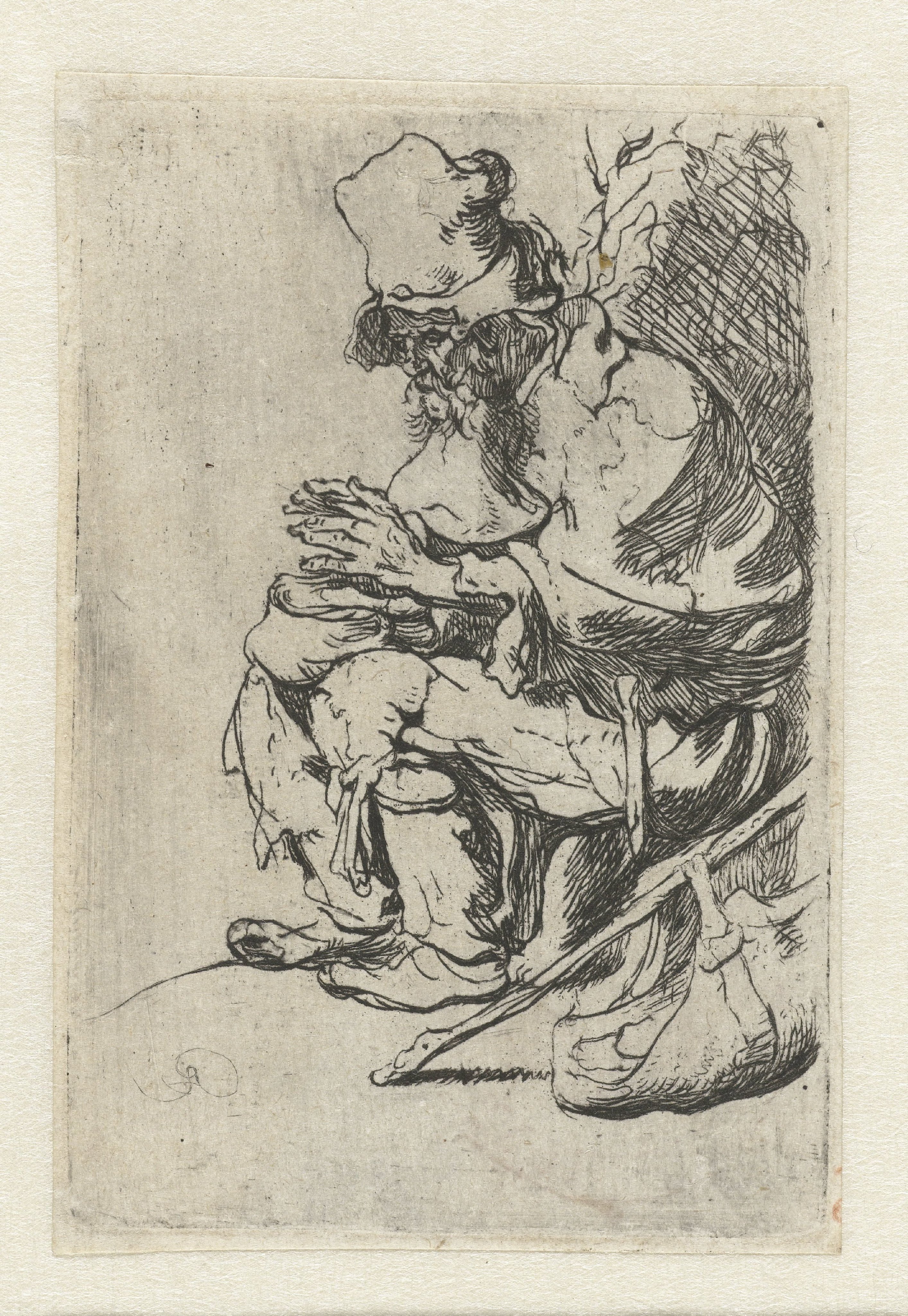 Beggar seated warming his hands at a chafing dish