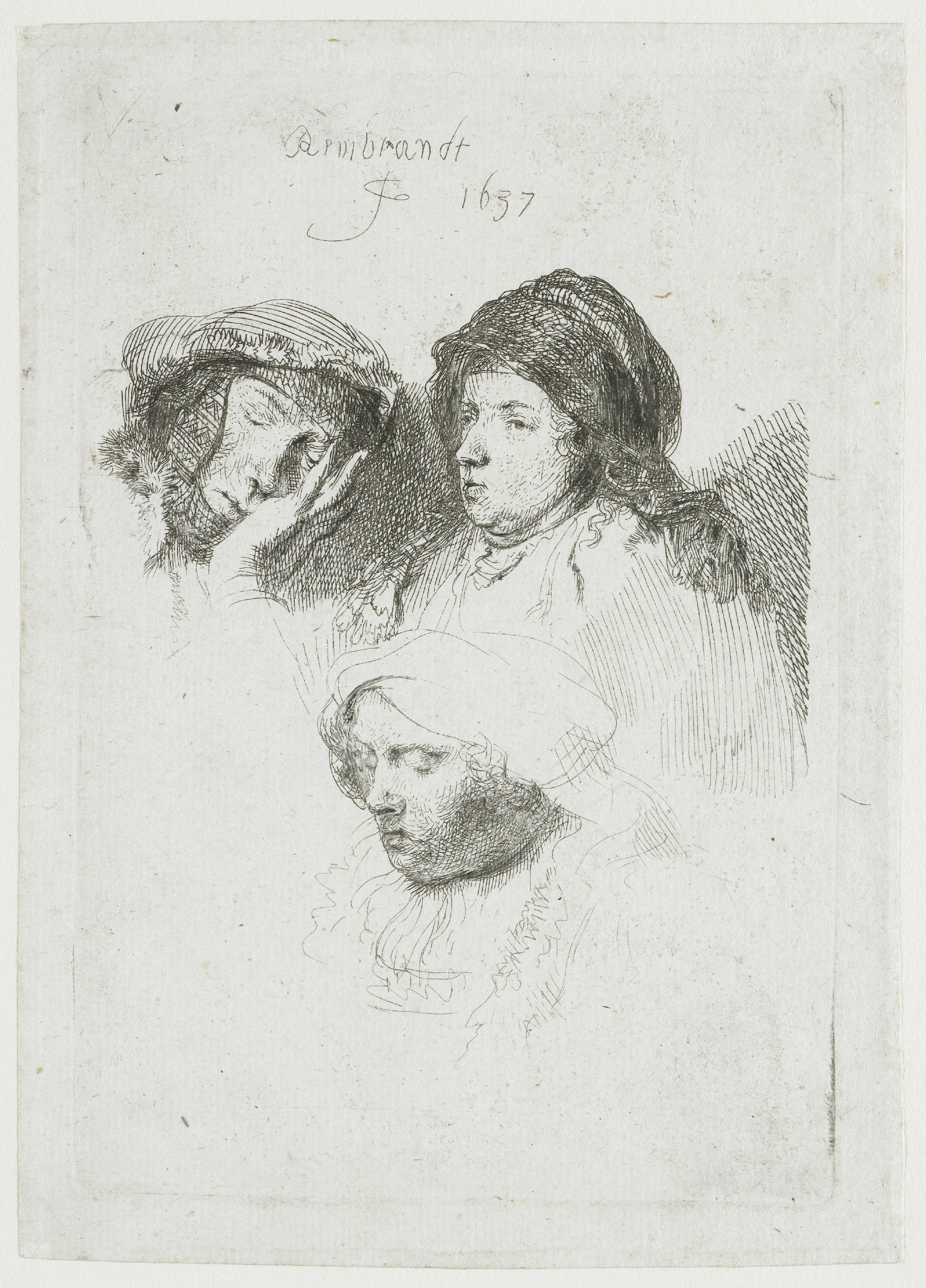 Three heads of women: one asleep