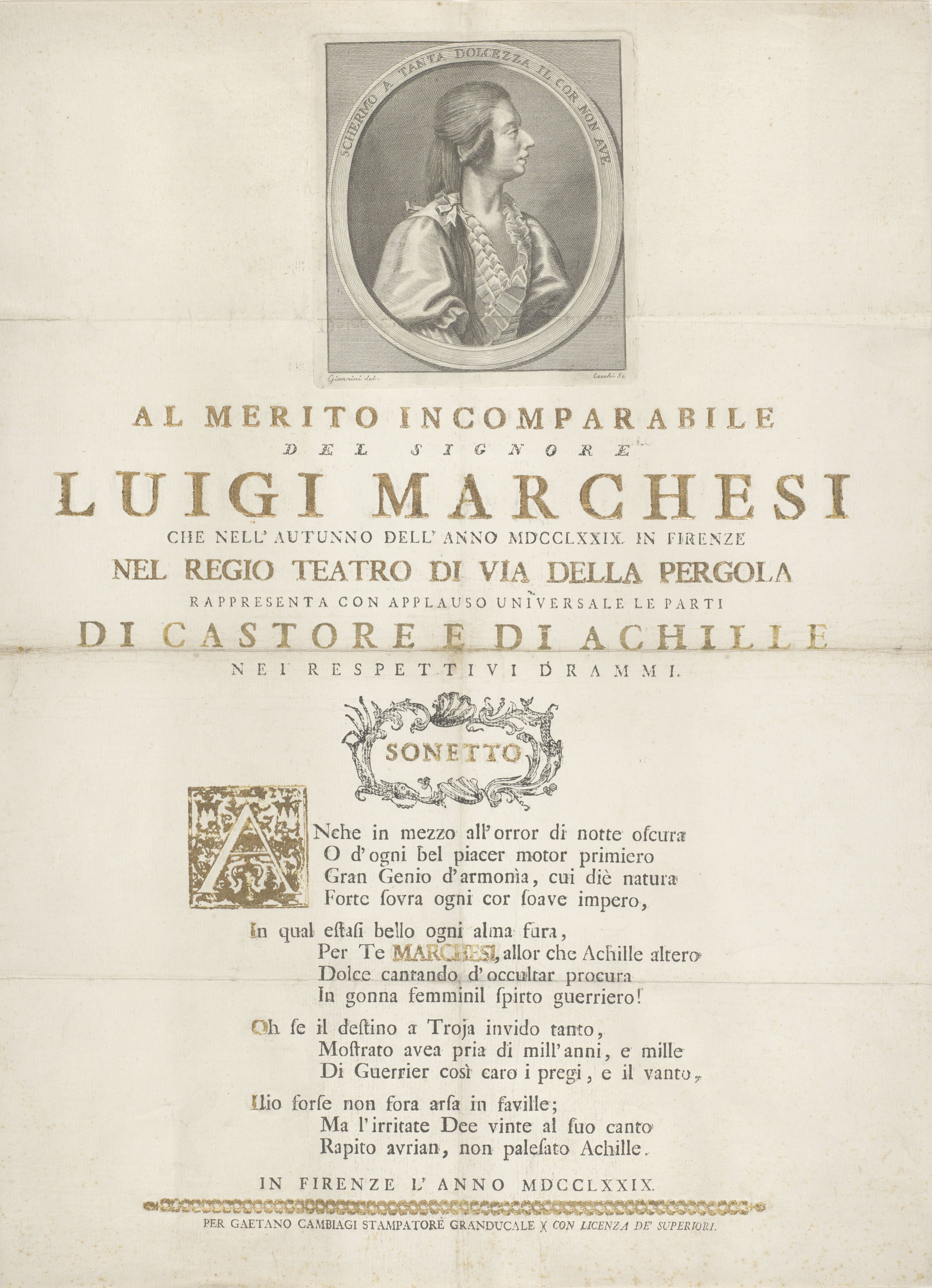 Portret van zanger Luigi Marchesi met sonnet