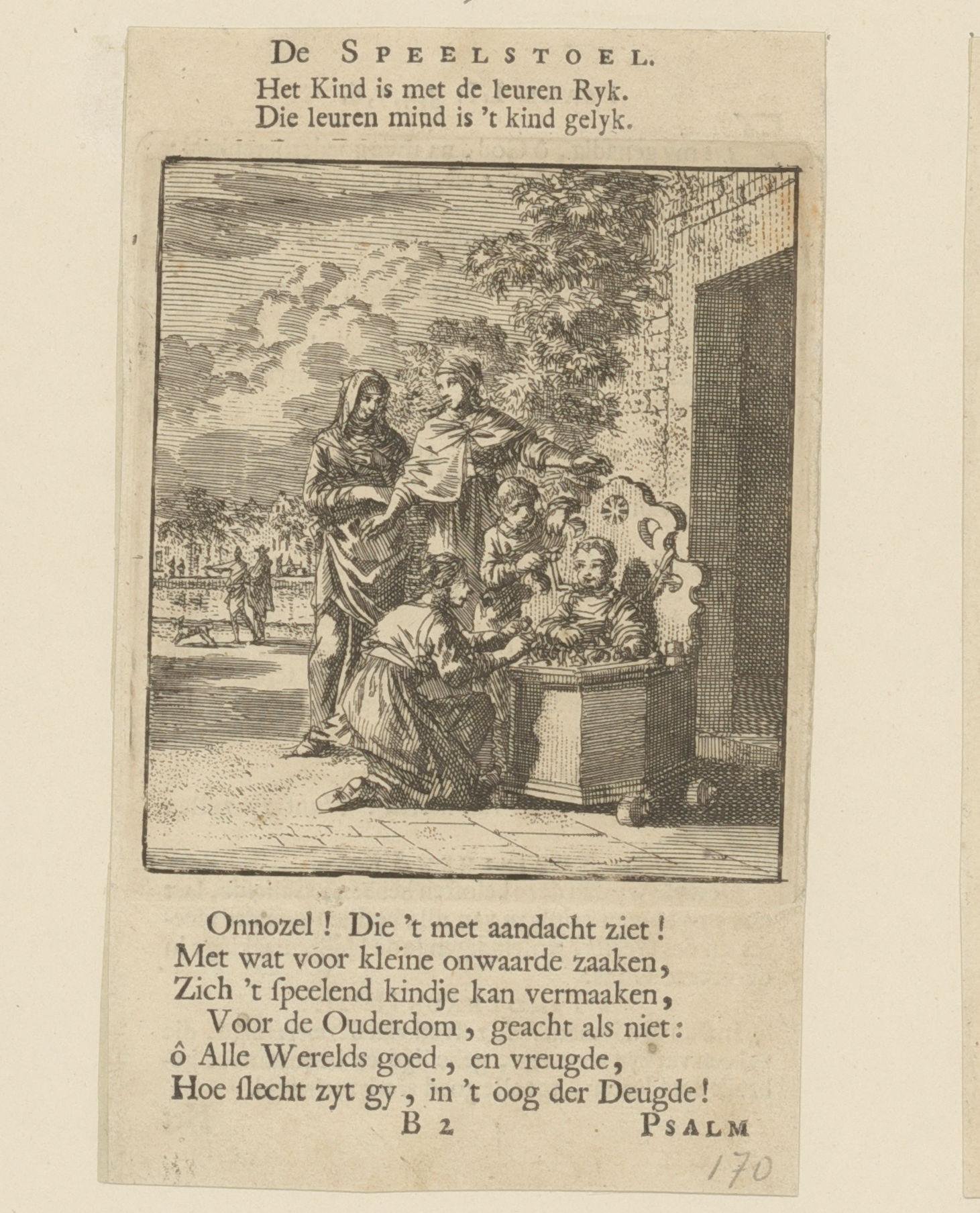 Kind in een speelstoel, omringd door drie vrouwen