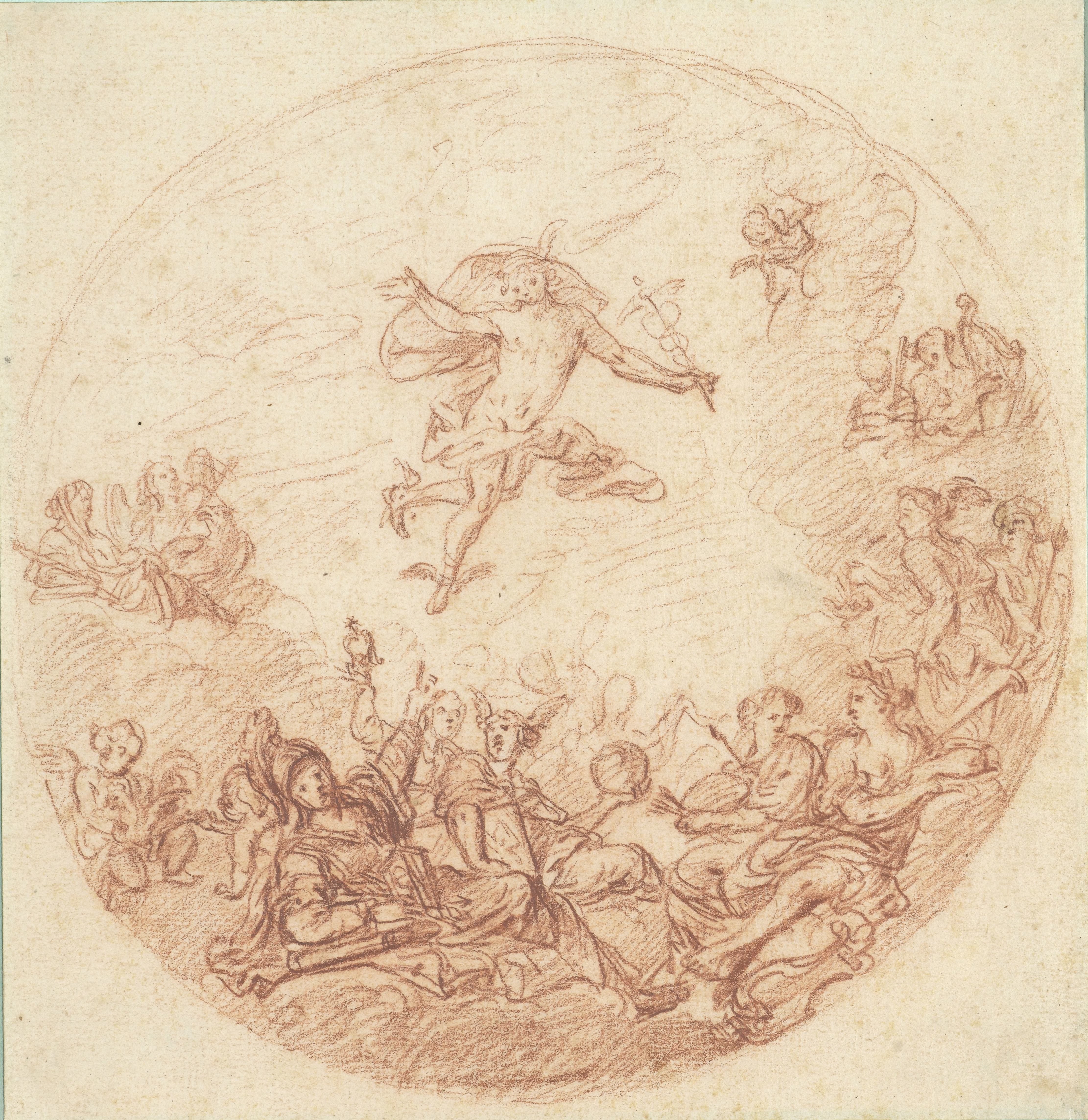 Ontwerp voor een rond plafond met Mercurius en Minerva
