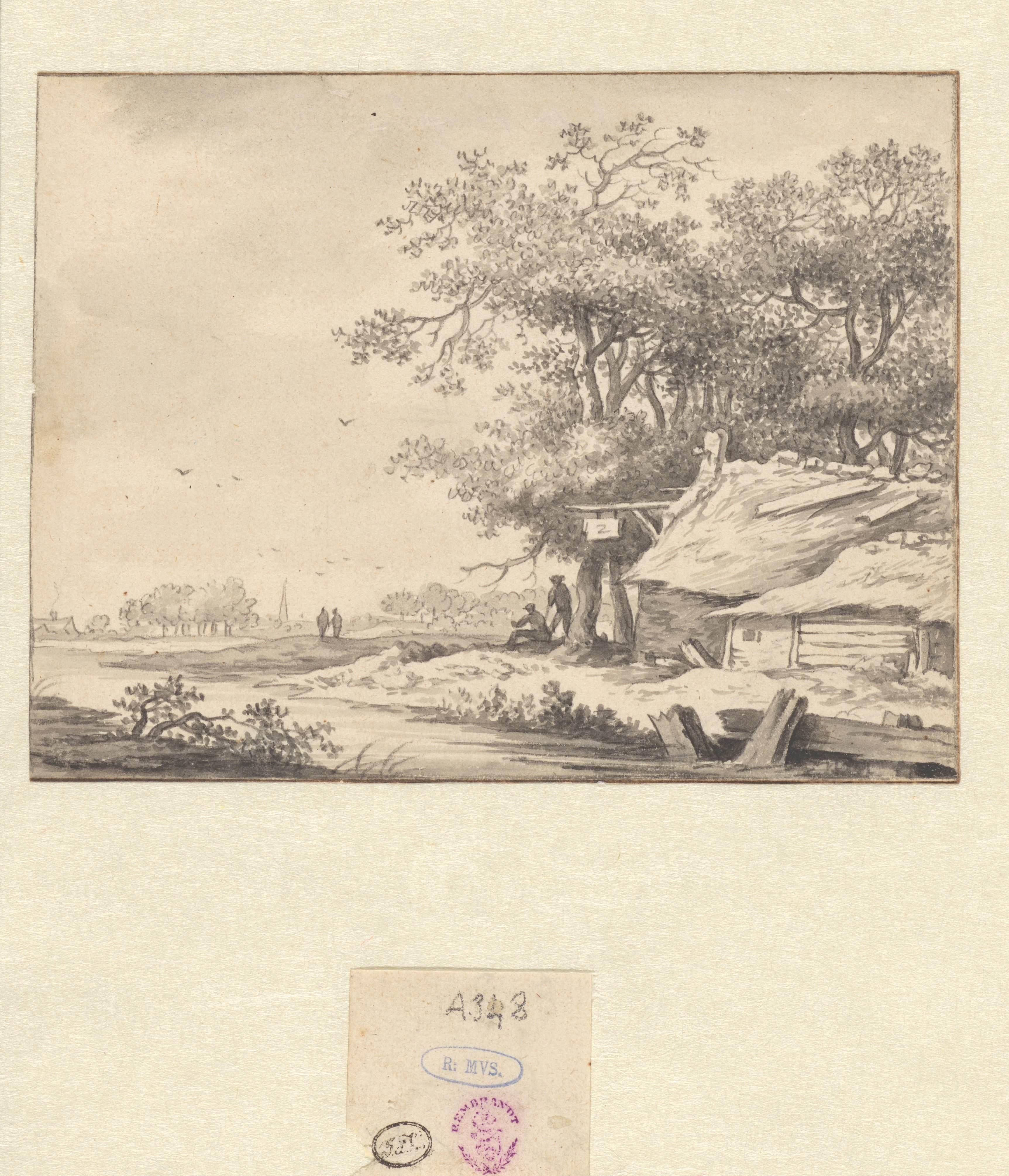 Landschap met een herberg bij een slootje