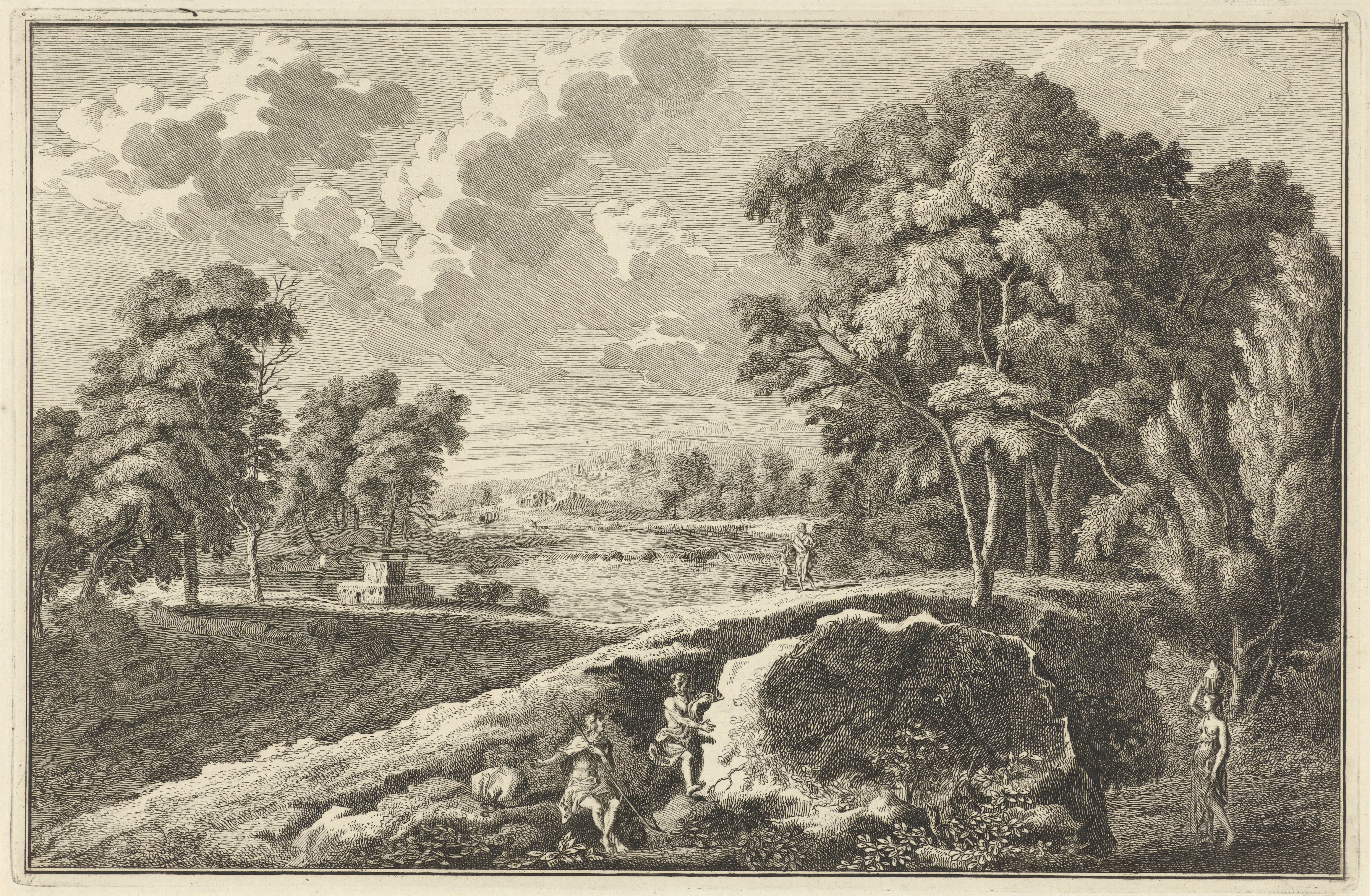 Arcadisch rivierlandschap met vrouw en kind
