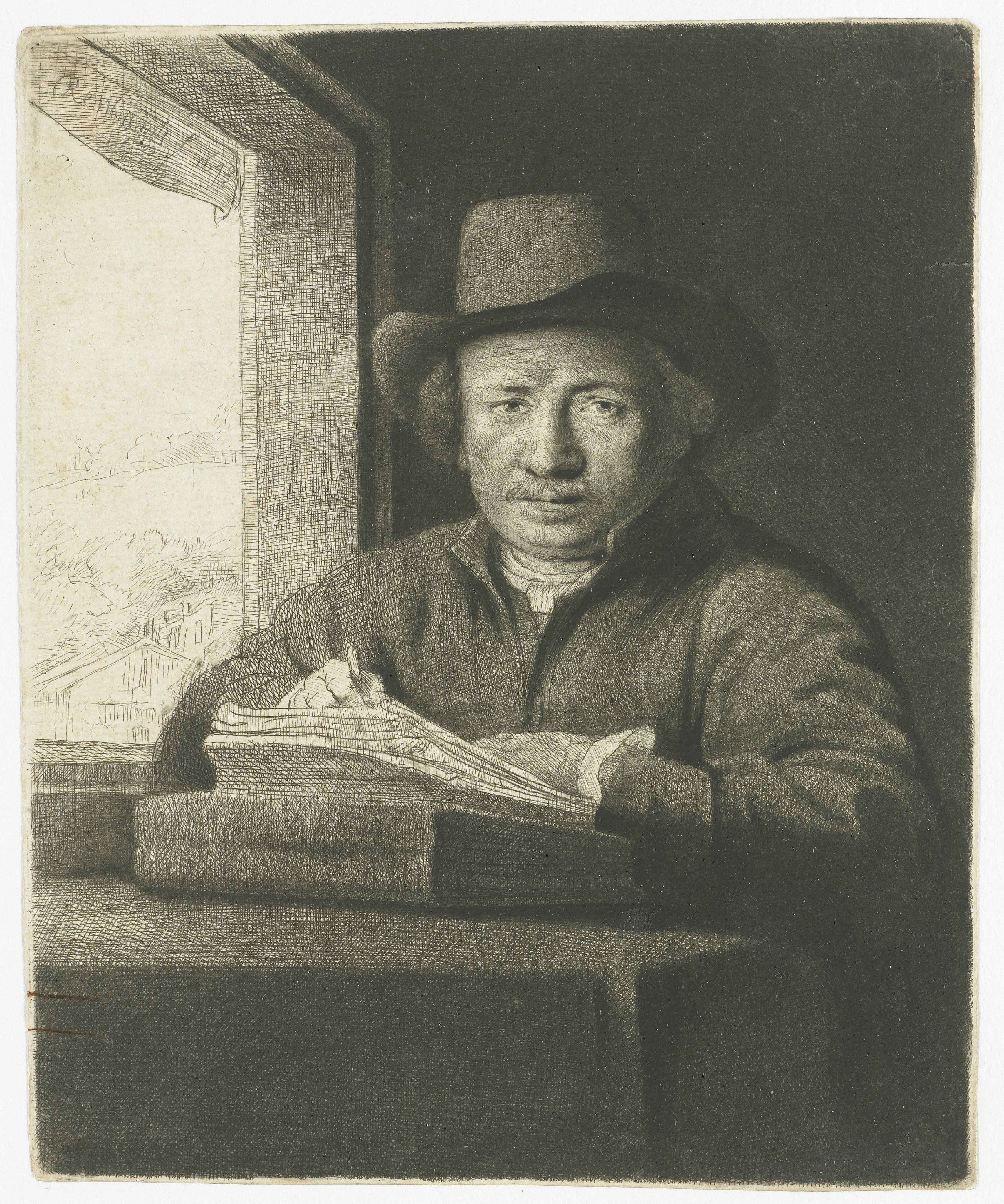 Self-portrait etching at a window