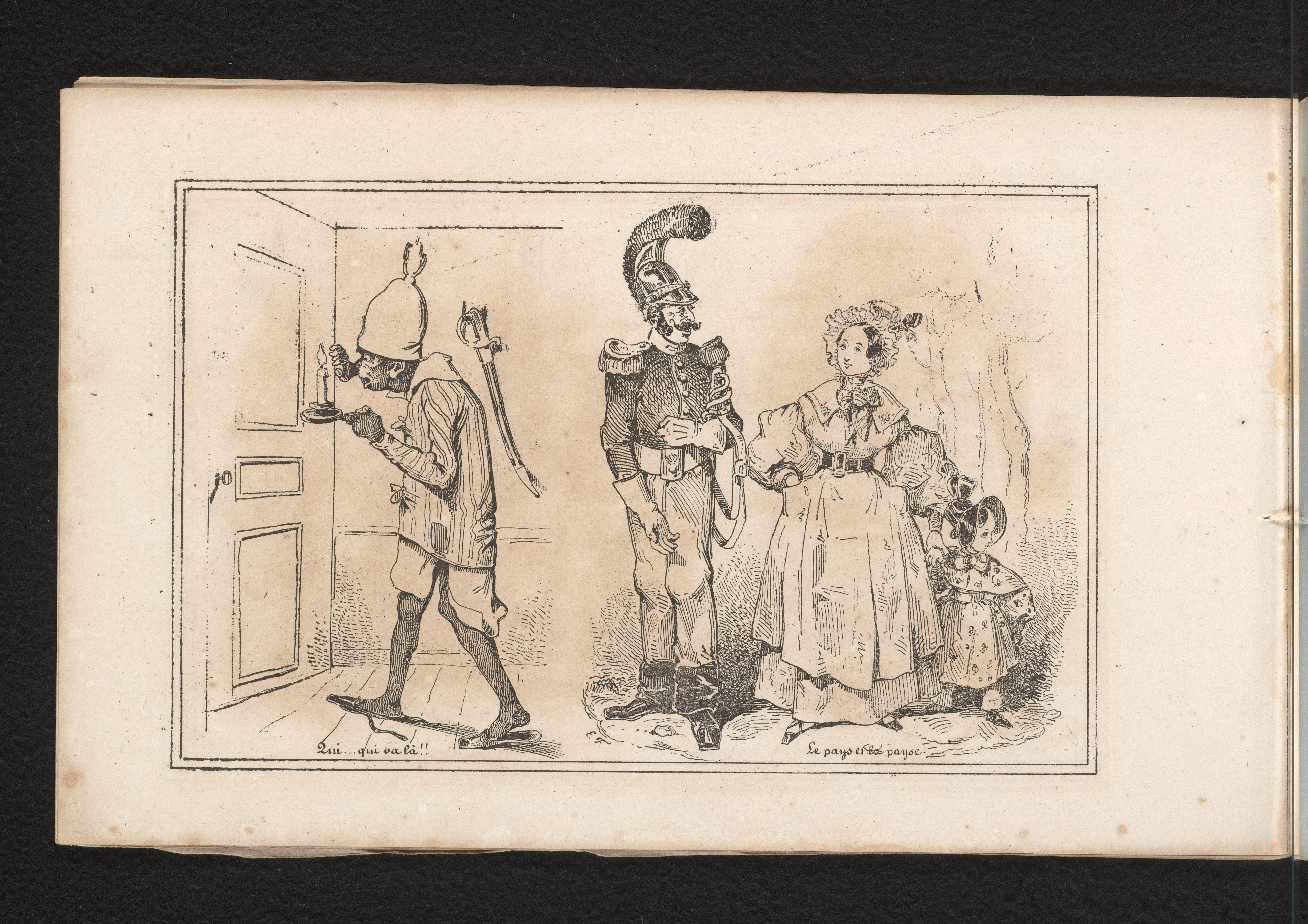 Figuur in nachtkleding en een soldaat, vrouw en kind