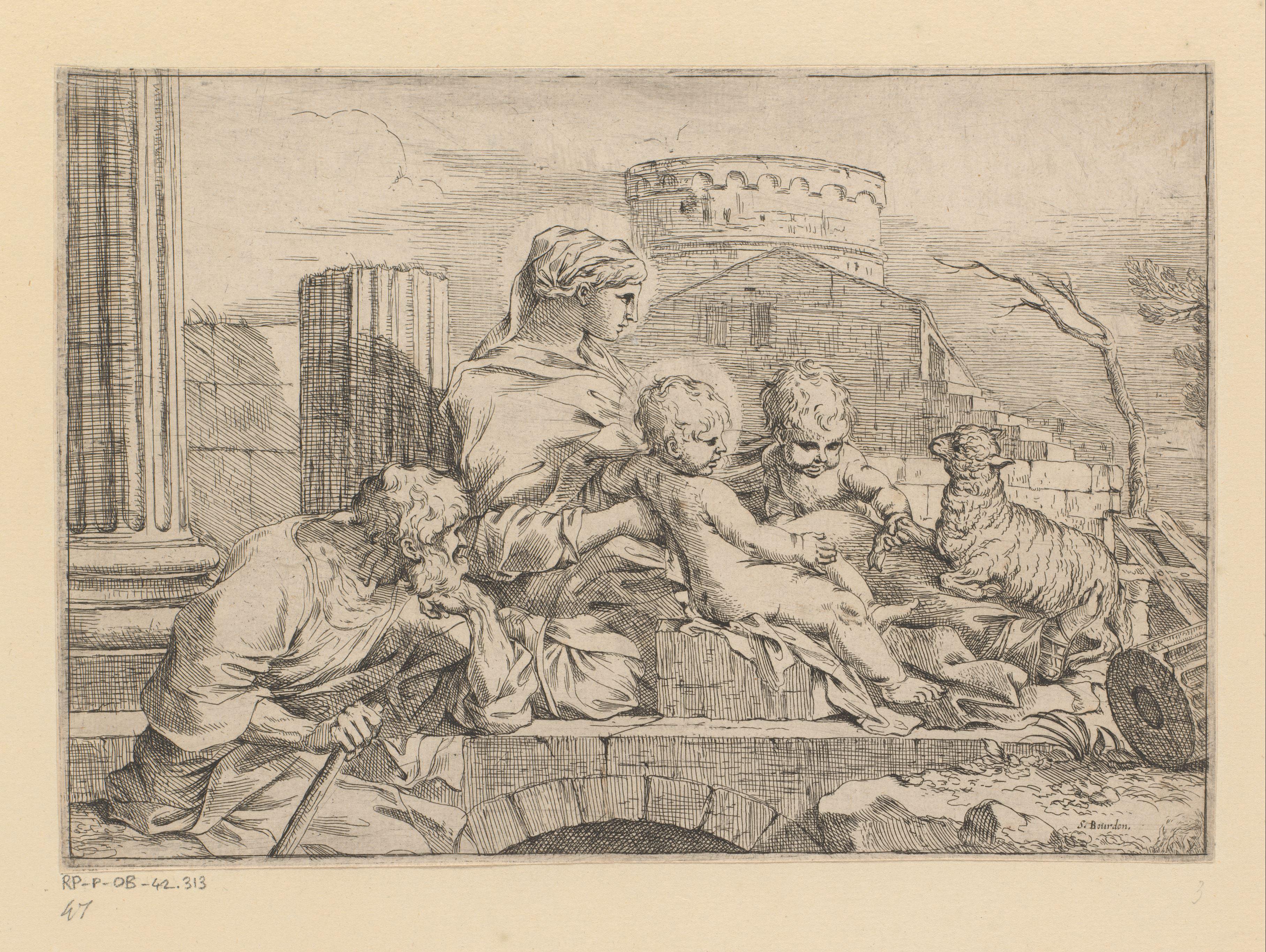 Heilige Familie met Johannes en lam tussen ruïnes