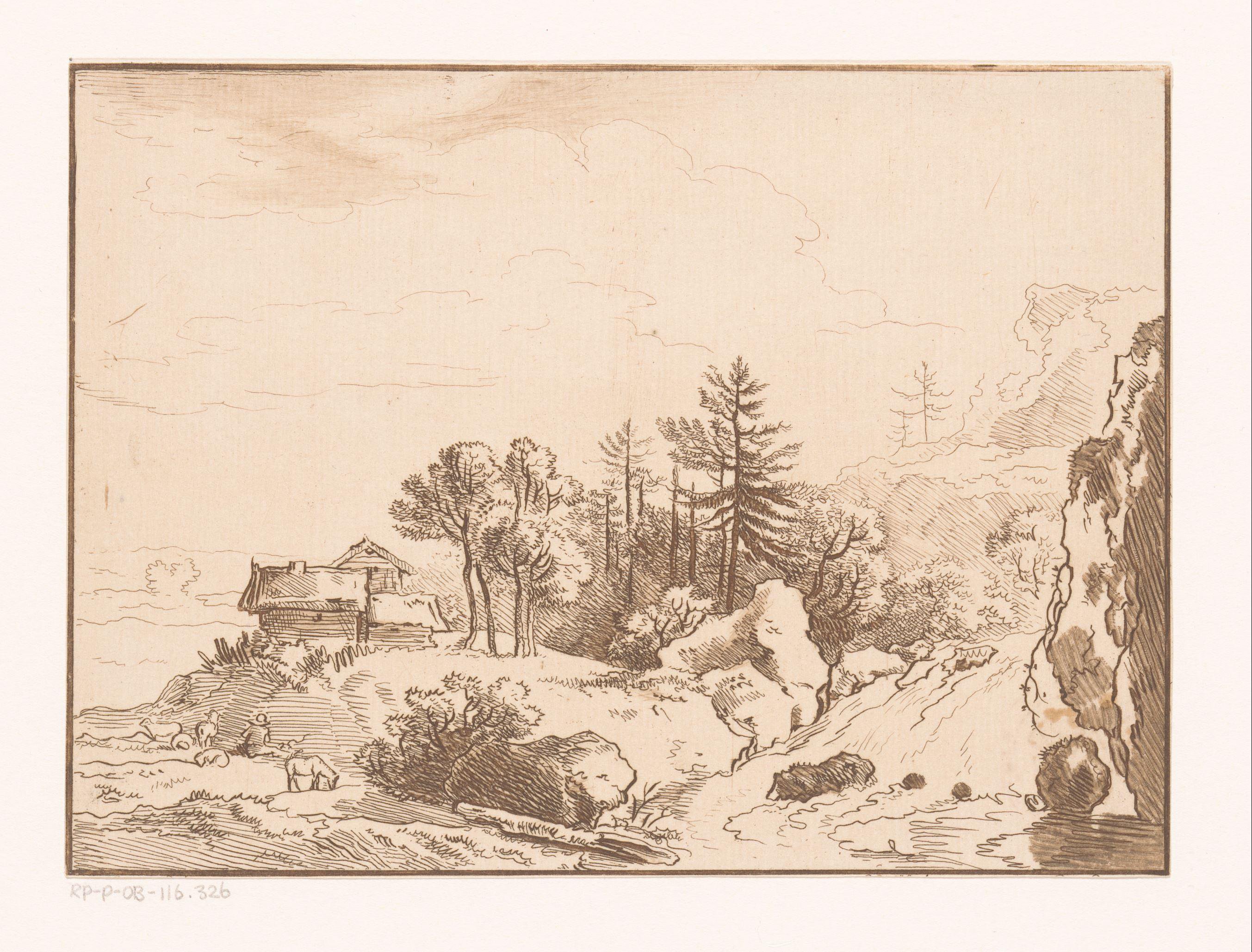 Heuvellandschap met herder bij een hut en waterval
