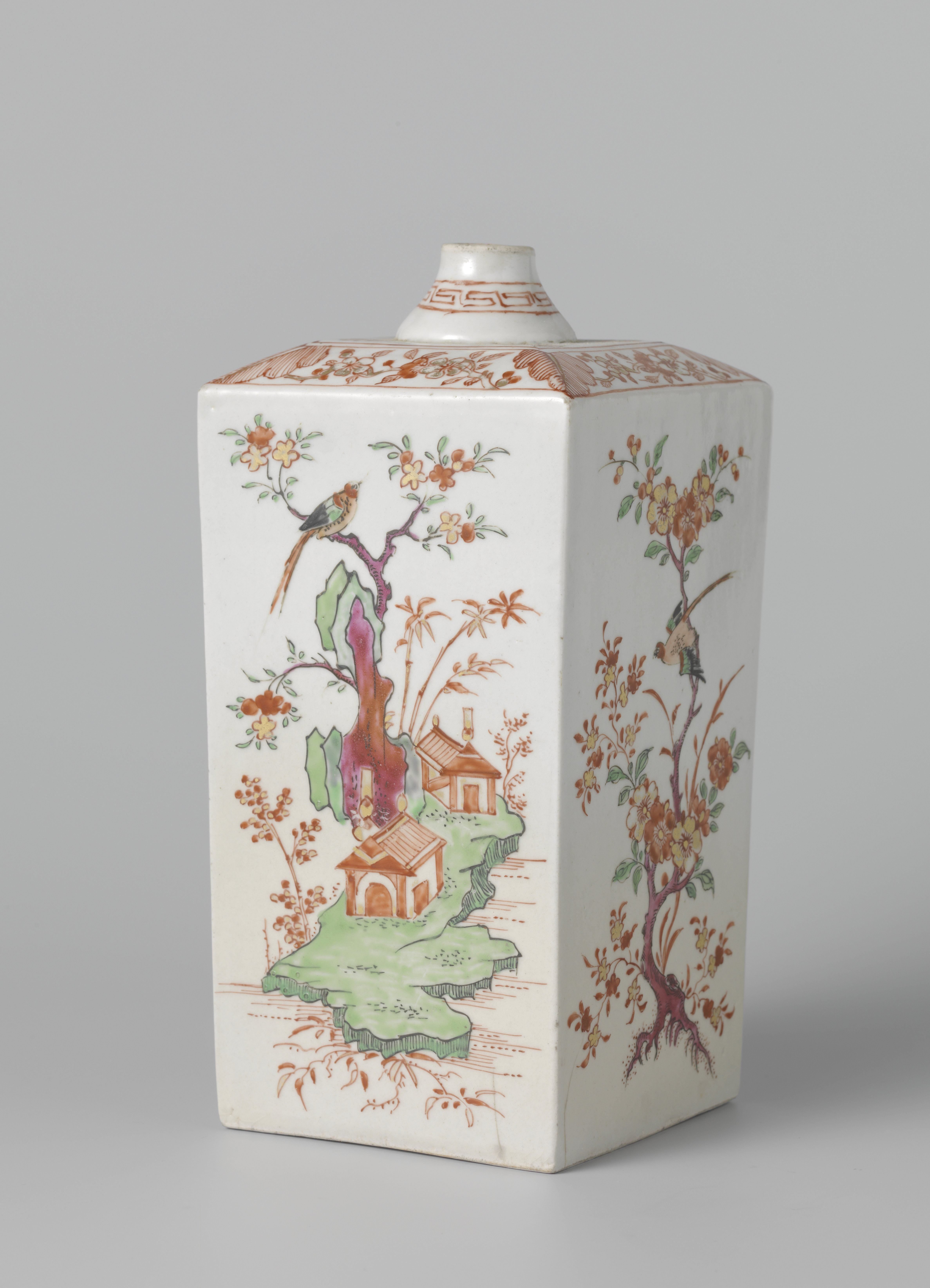 Square bottle with birds, flowering plants and pavilions