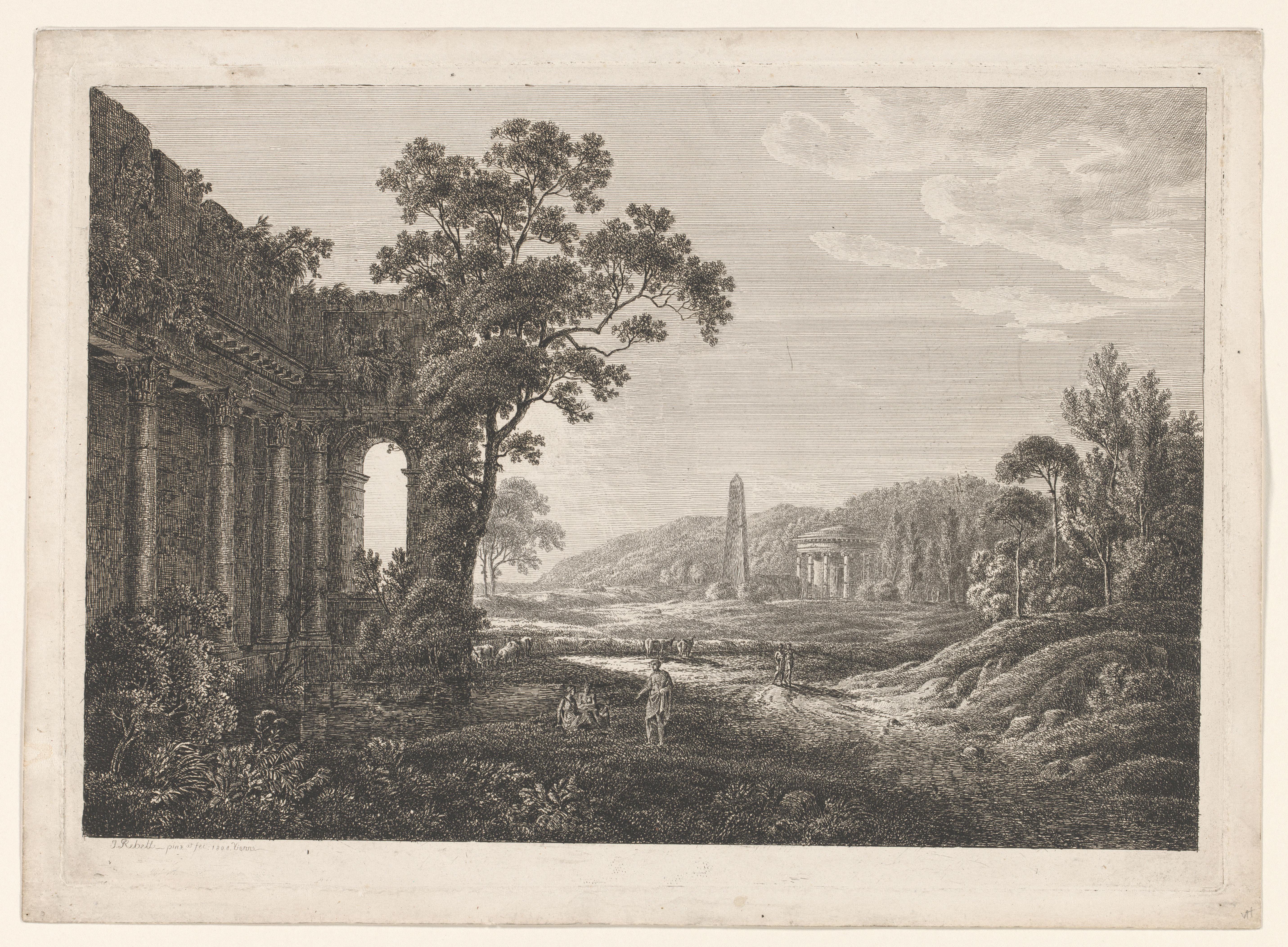 Arcadisch landschap met ruïnetempel, obelisk, figuren en koeien