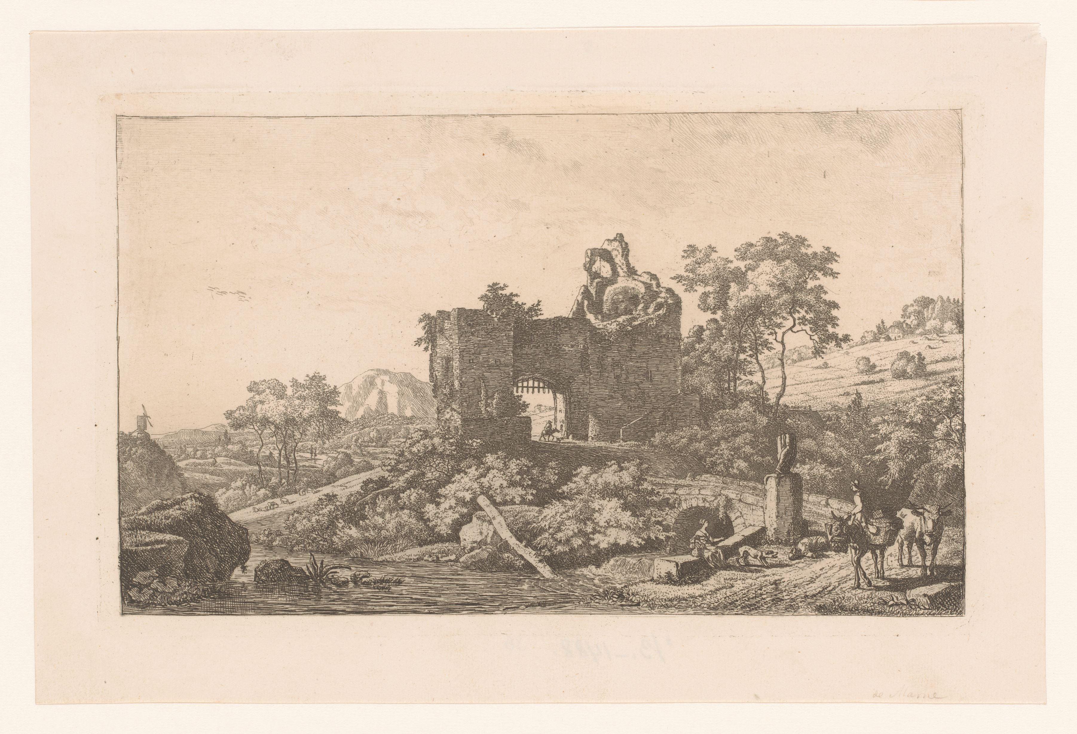 Landschap met ruïne van een poort en figuren