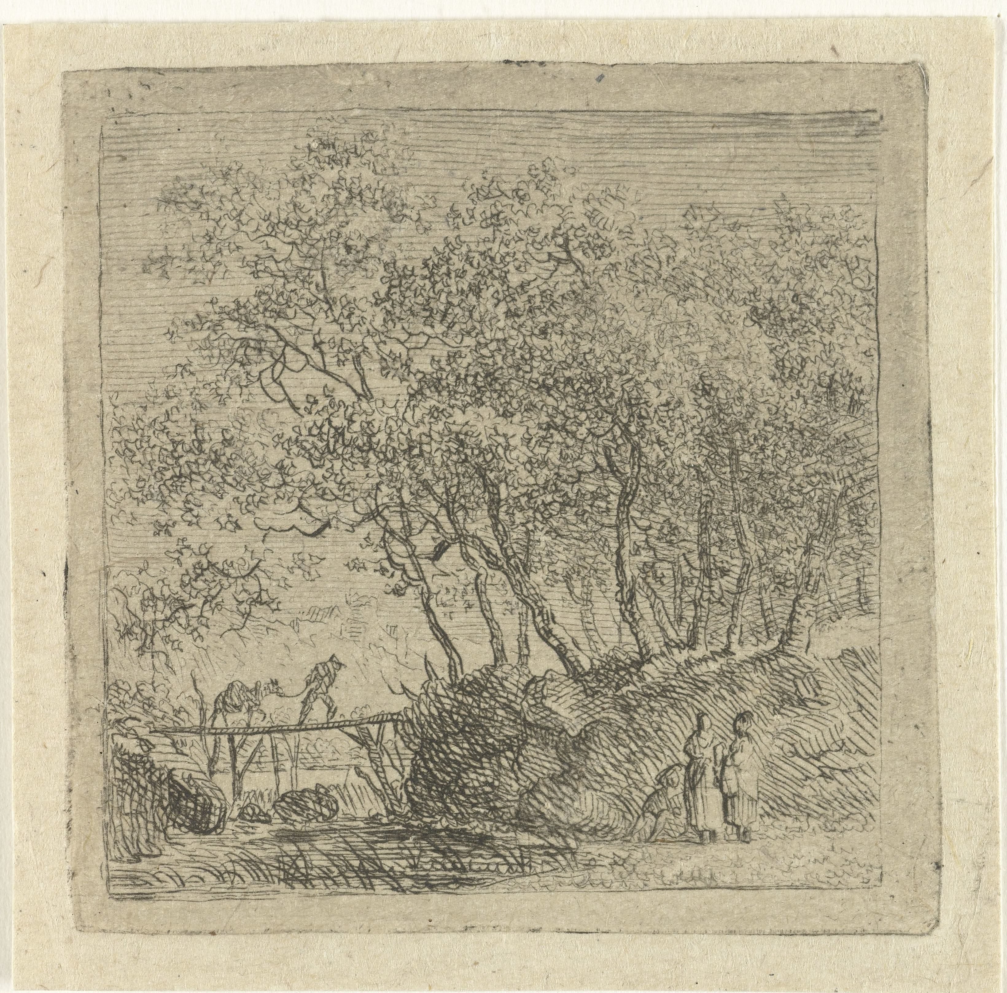 Landschap met man en ezel op een houten brug
