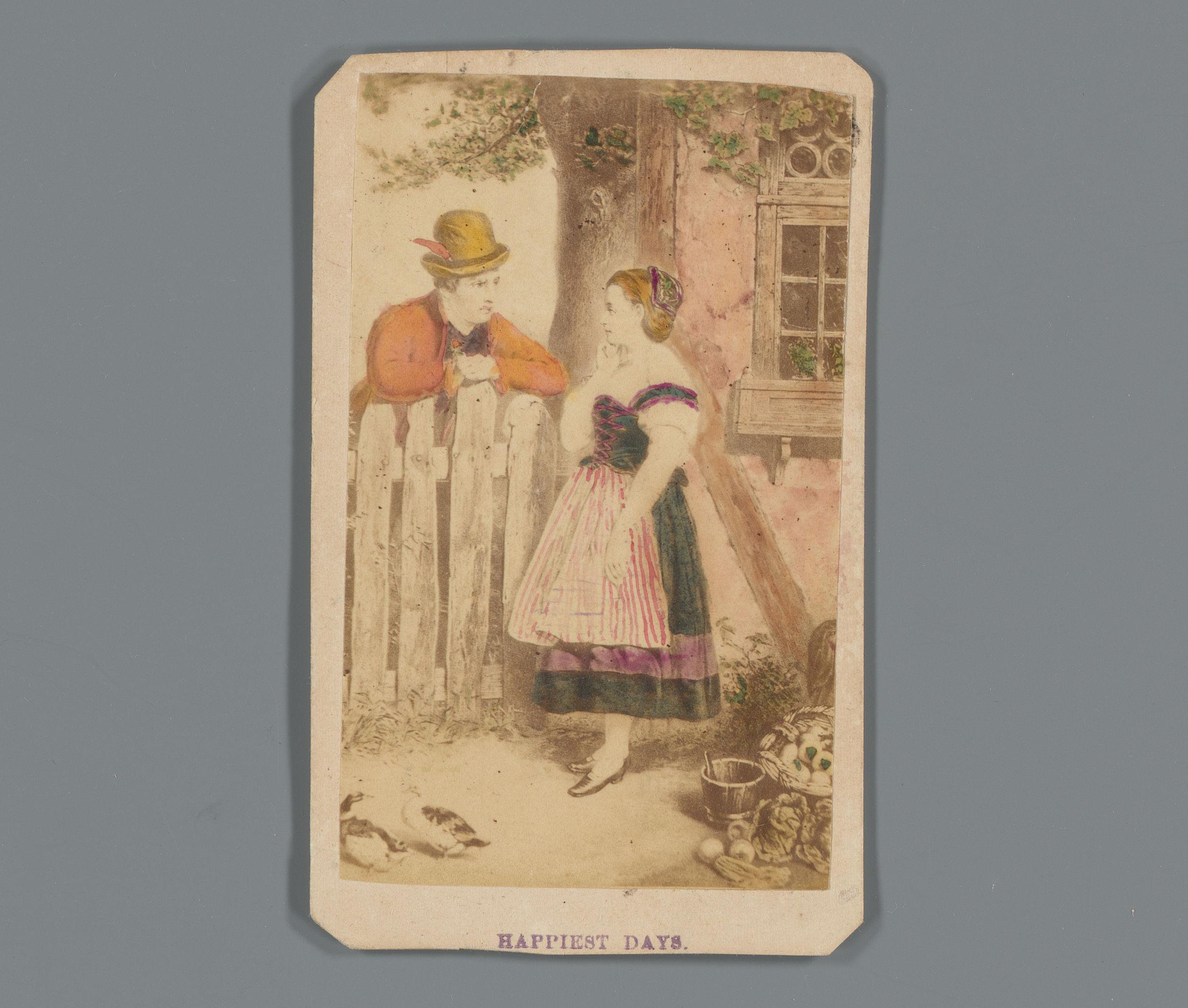Fotoreproductie van een tekening van een van en vrouw bij een hek als reclame voor kledingzaak Pierson & Hews in New Orleans, Louisiana