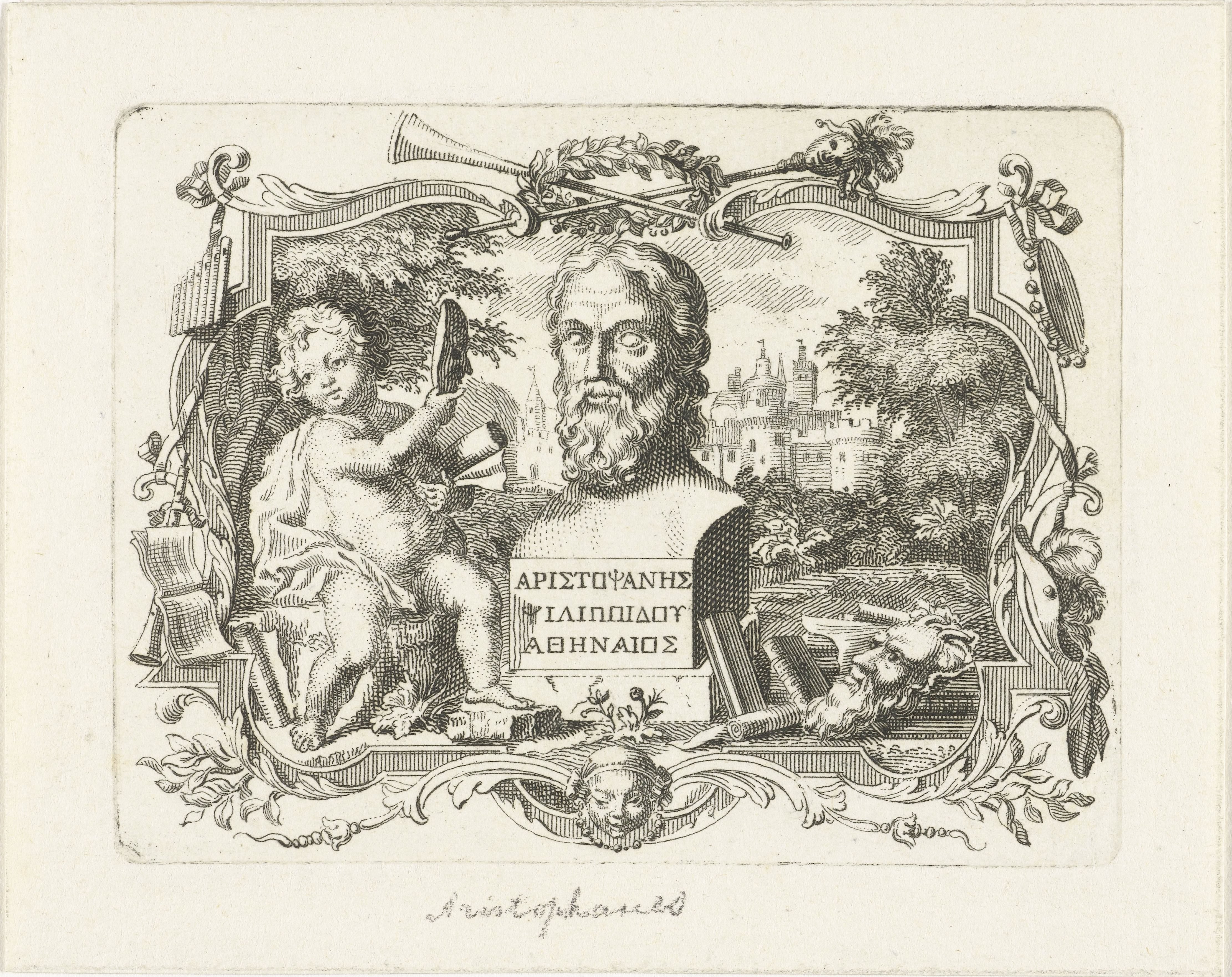 Buste van Aristophanes en putto met masker, in cartouche