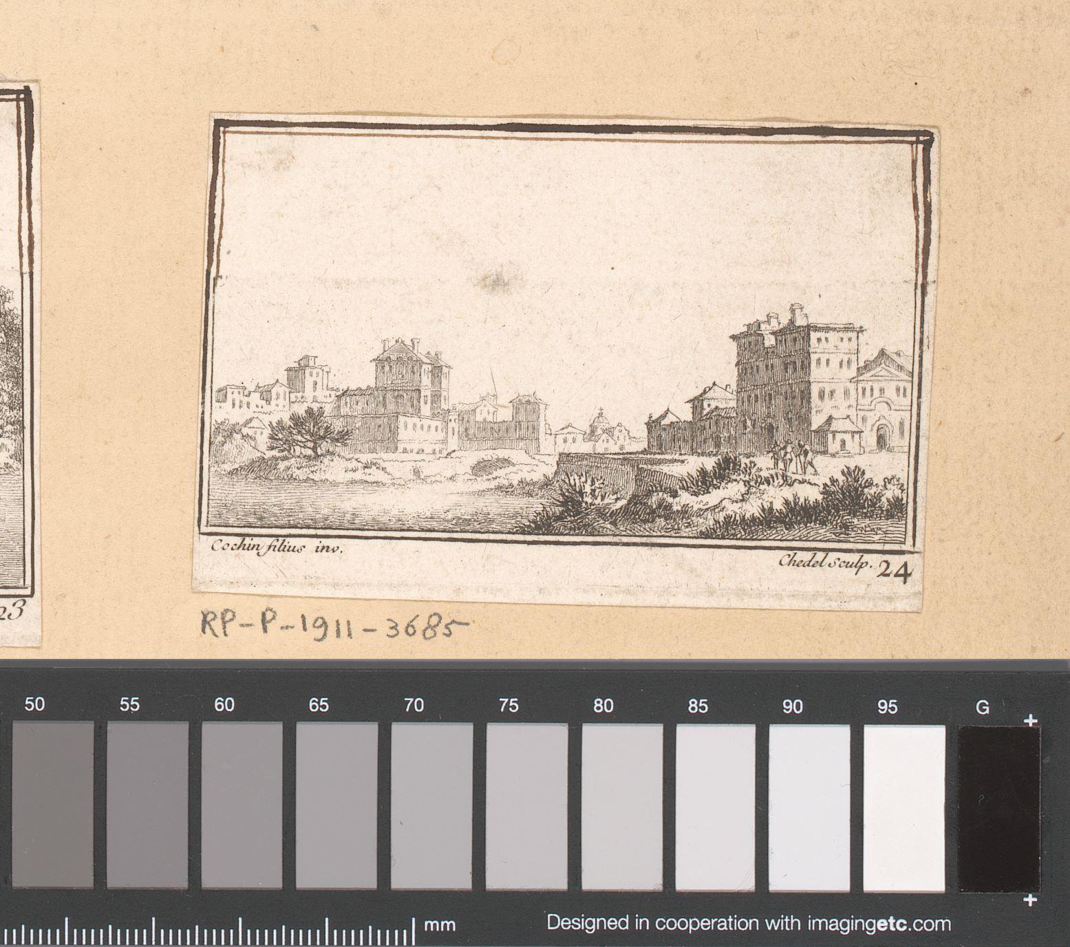 Landschap met drie figuren aan de rand van een stad