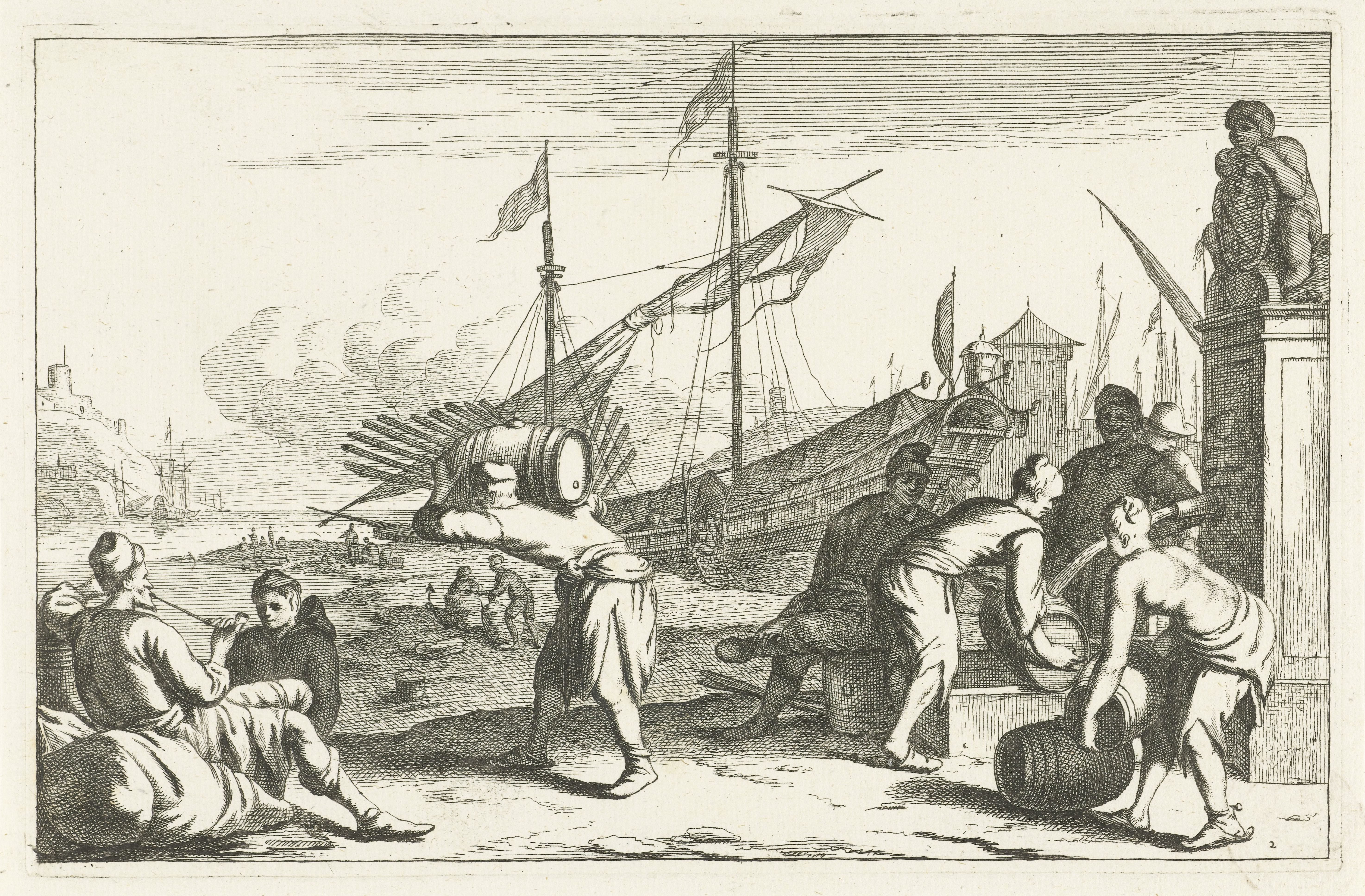 Haven met kooplieden bij fontein