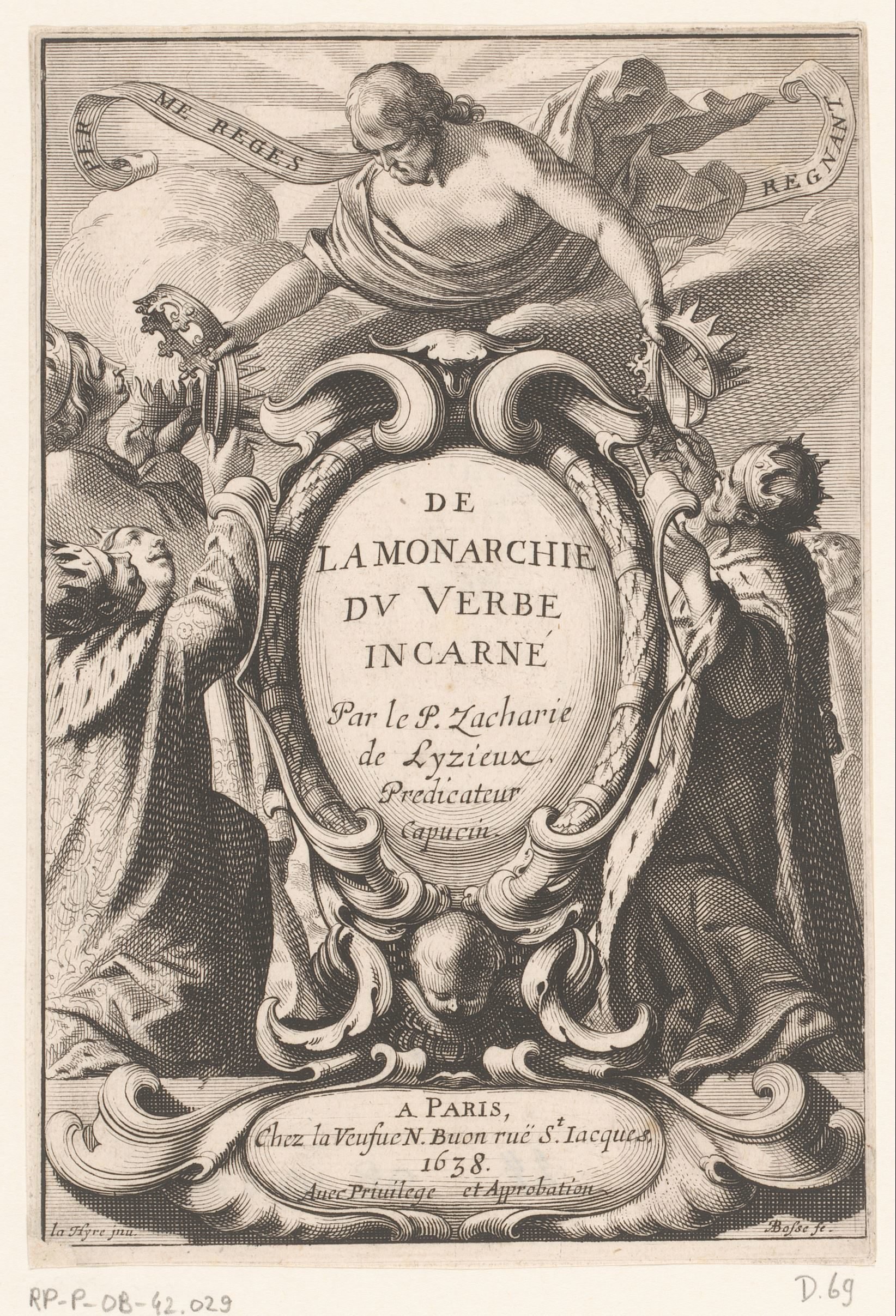 Christus overhandigt kronen aan koningen boven een cartouche