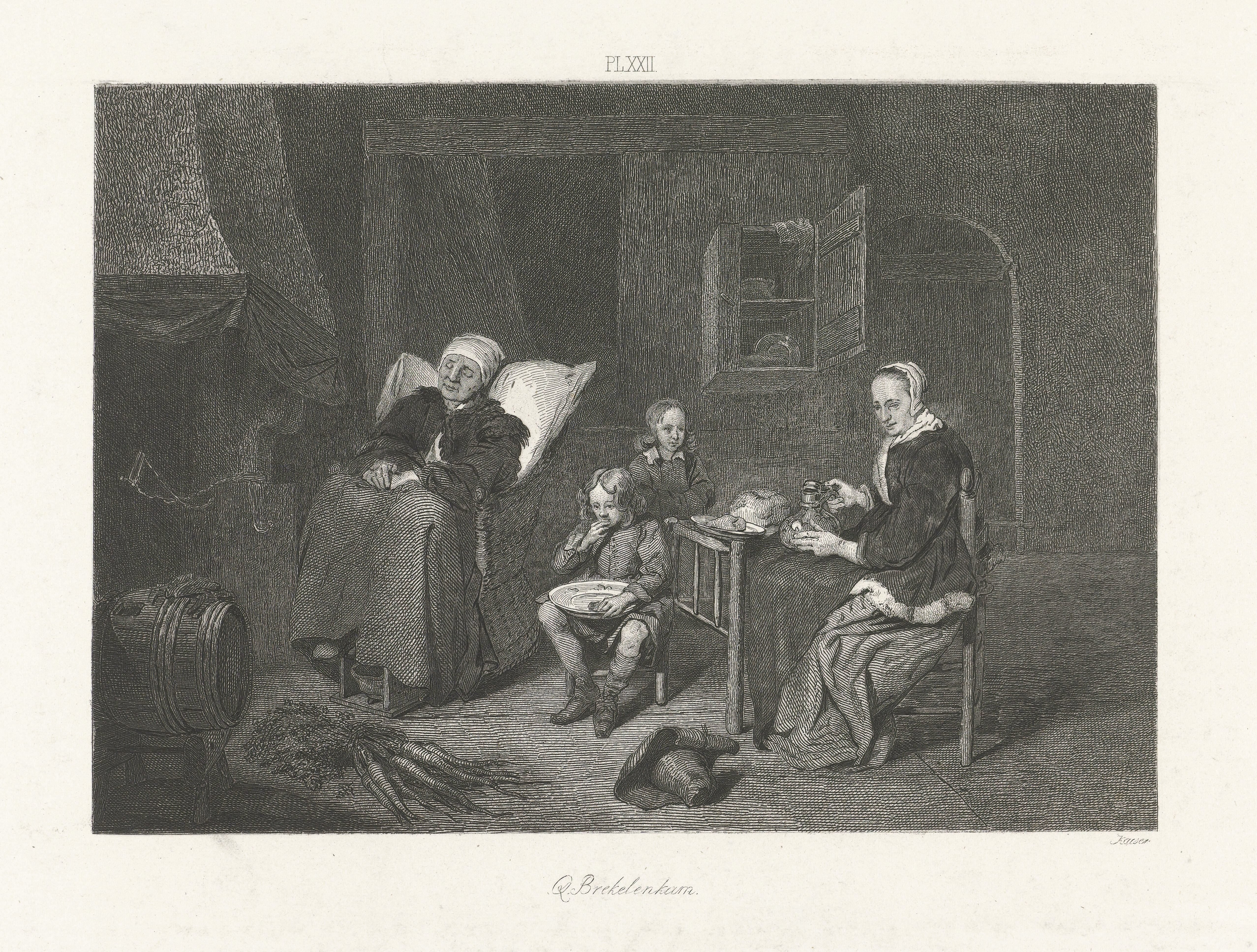 Interieur met slapende vrouw voor een schouw