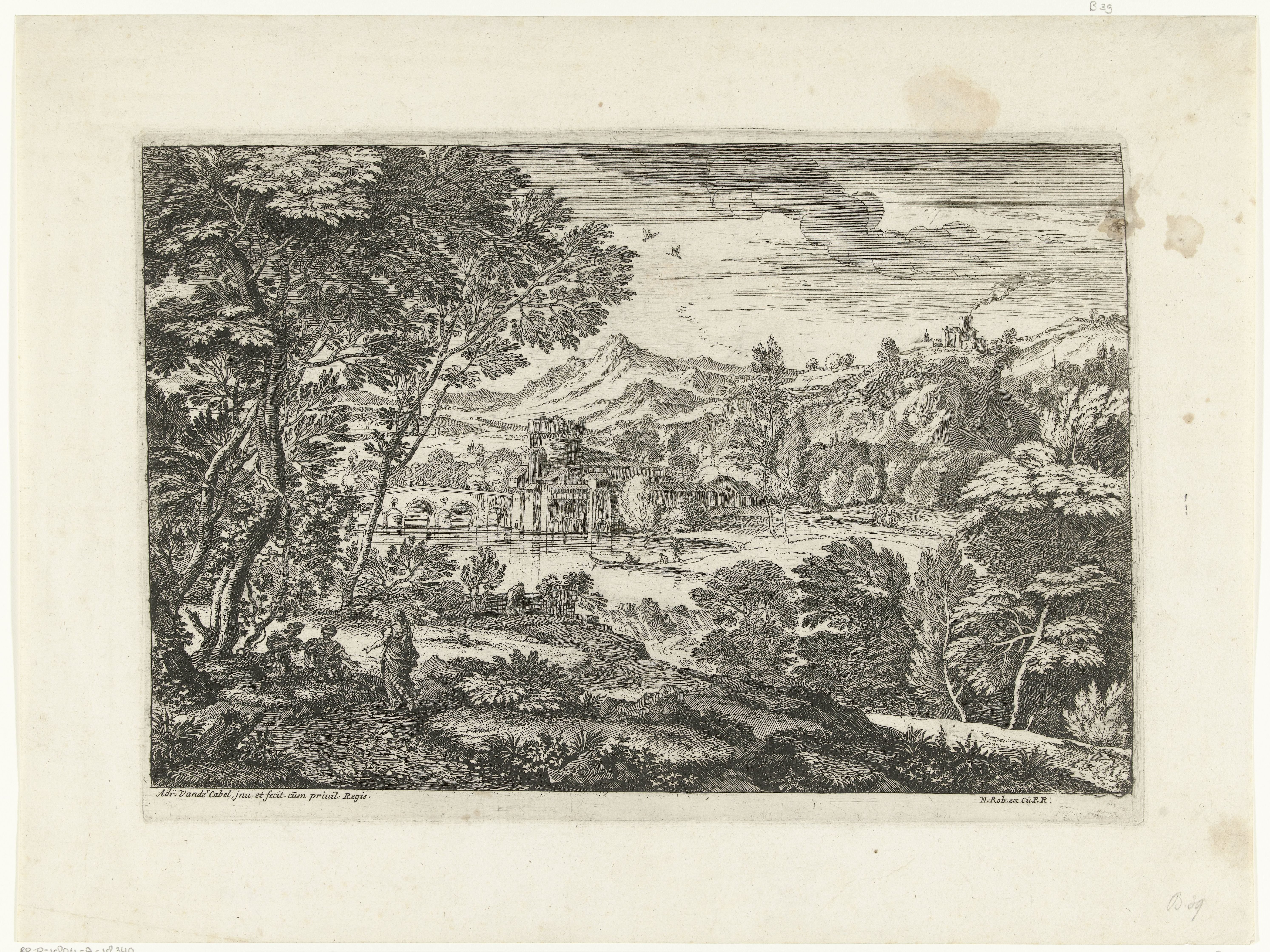 Landschap met drie personen onder een boom