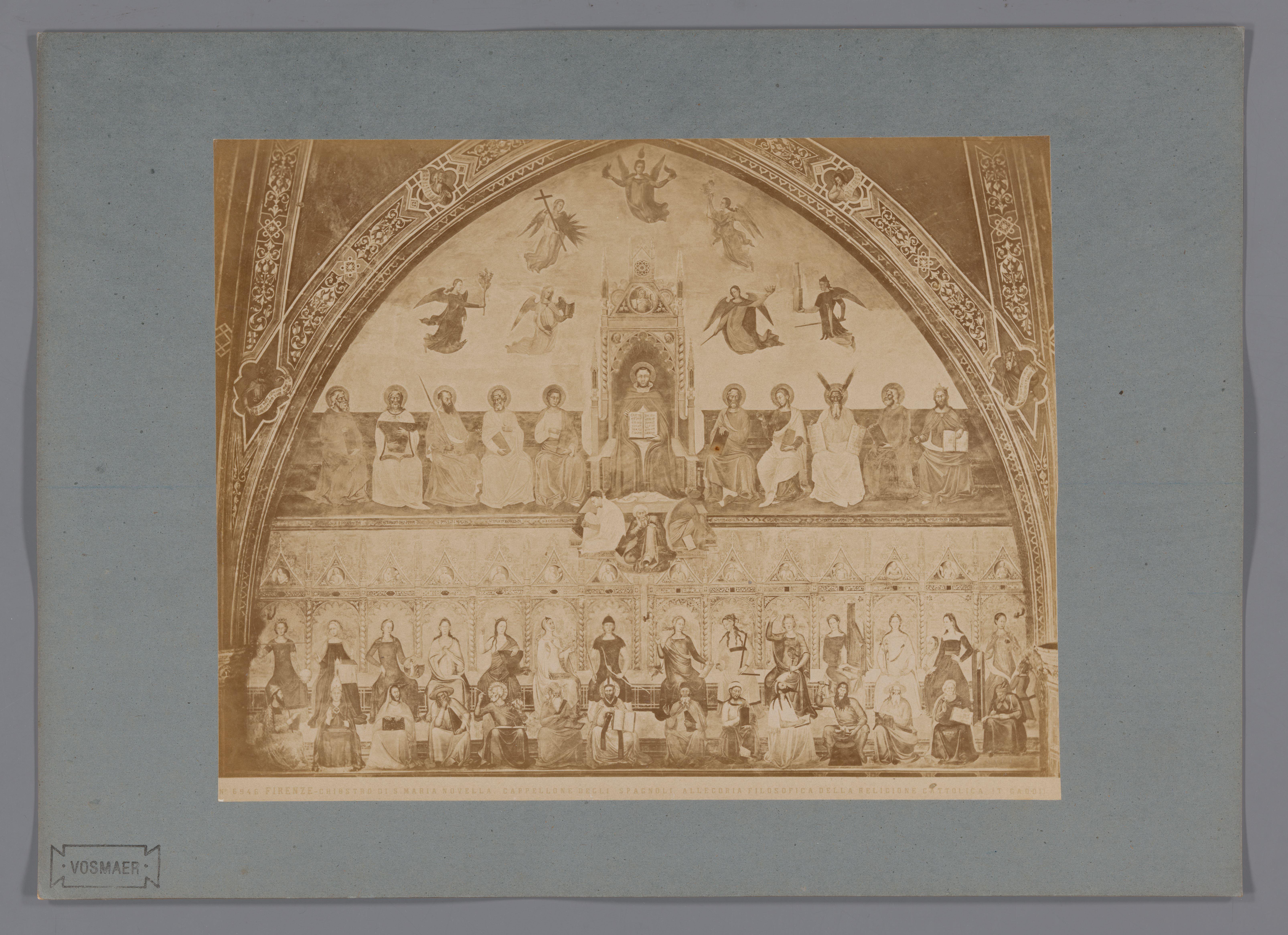 Fotoreproductie van het fresco Filosofische allegorie op de katholieke godsdienst naar Taddeo Gaddi in de Santa Maria Novella te Florence, Italië
