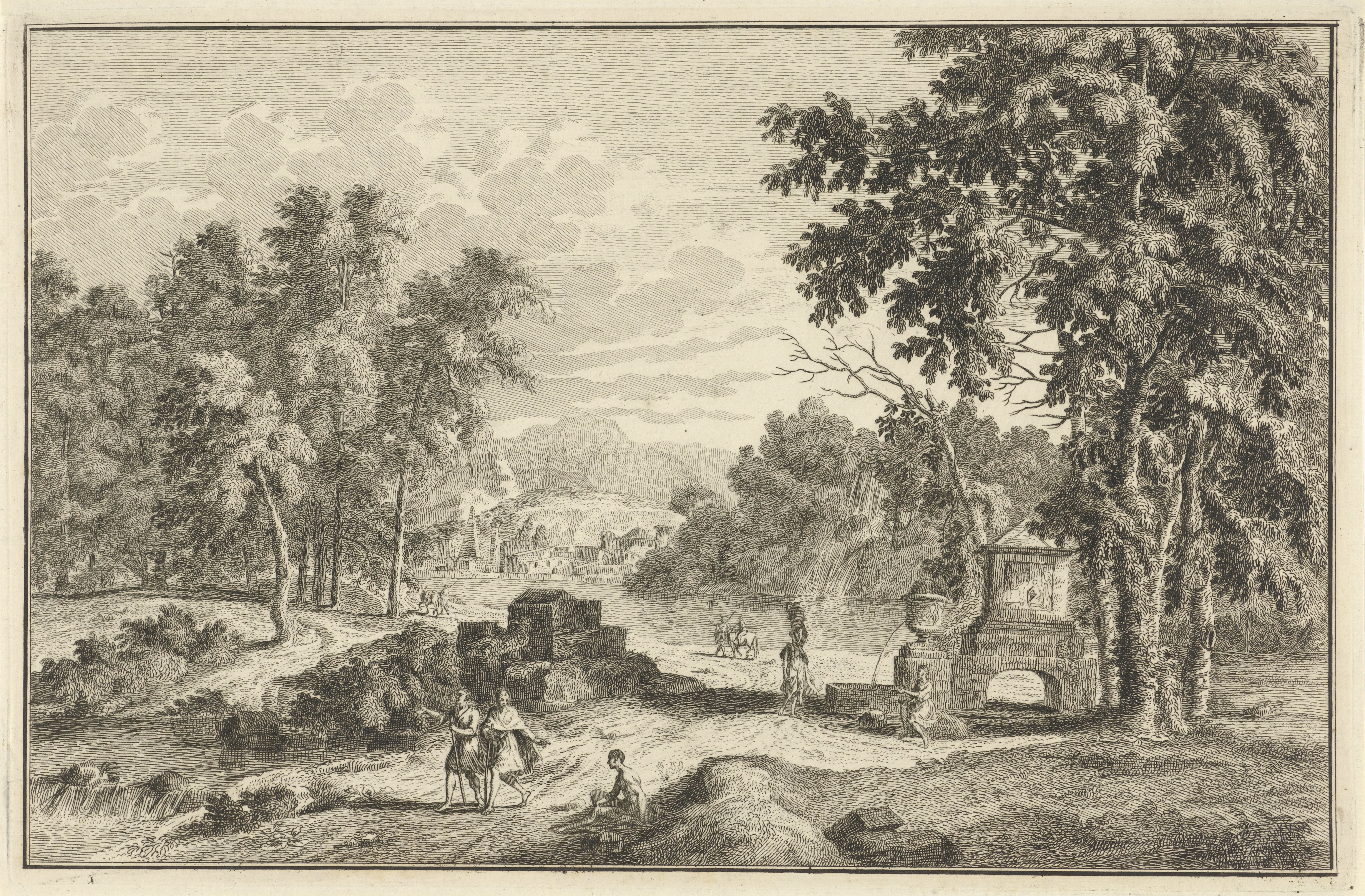 Arcadisch rivierlandschap met figuren bij een bron