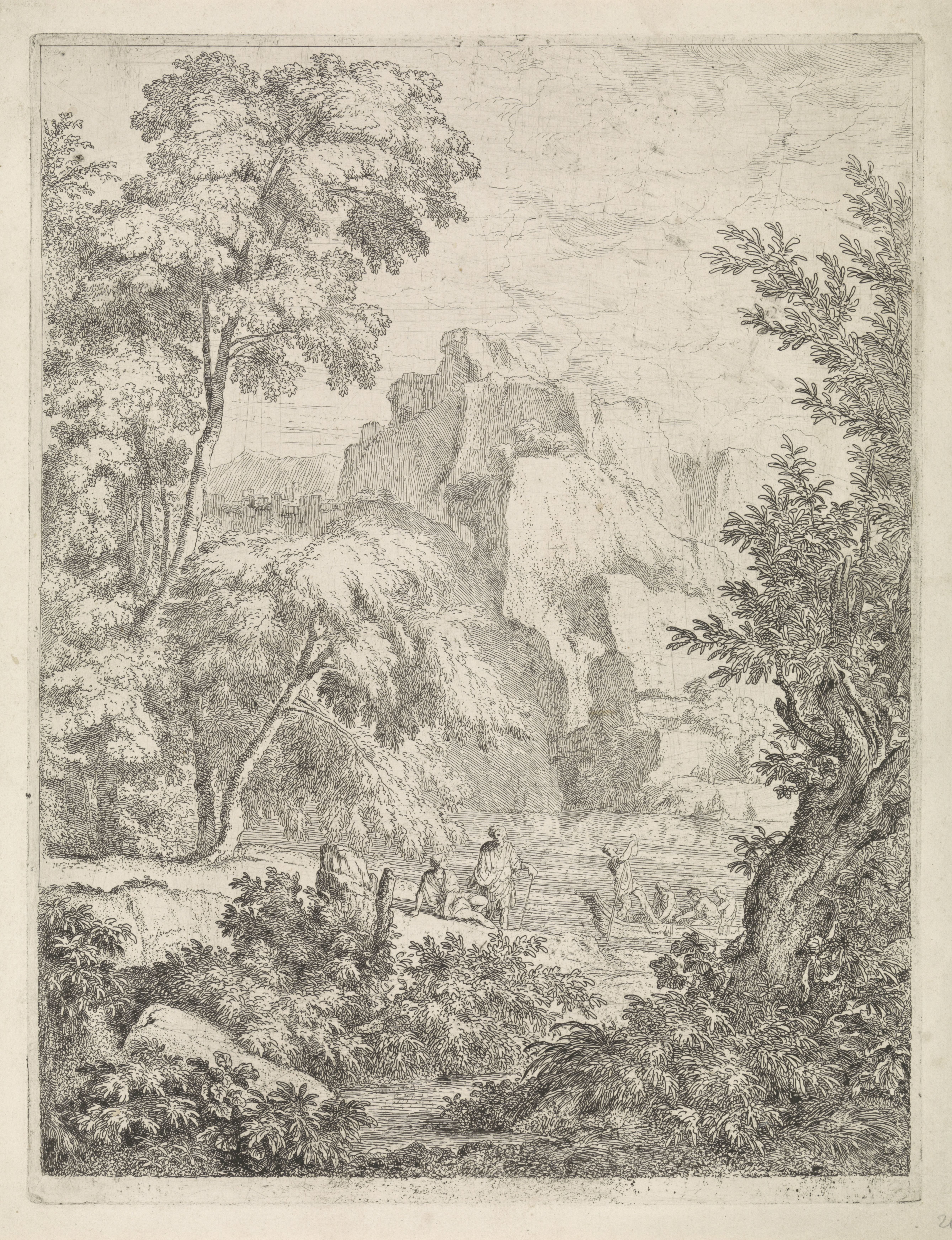 Bergachtig landschap met meer en veerboot